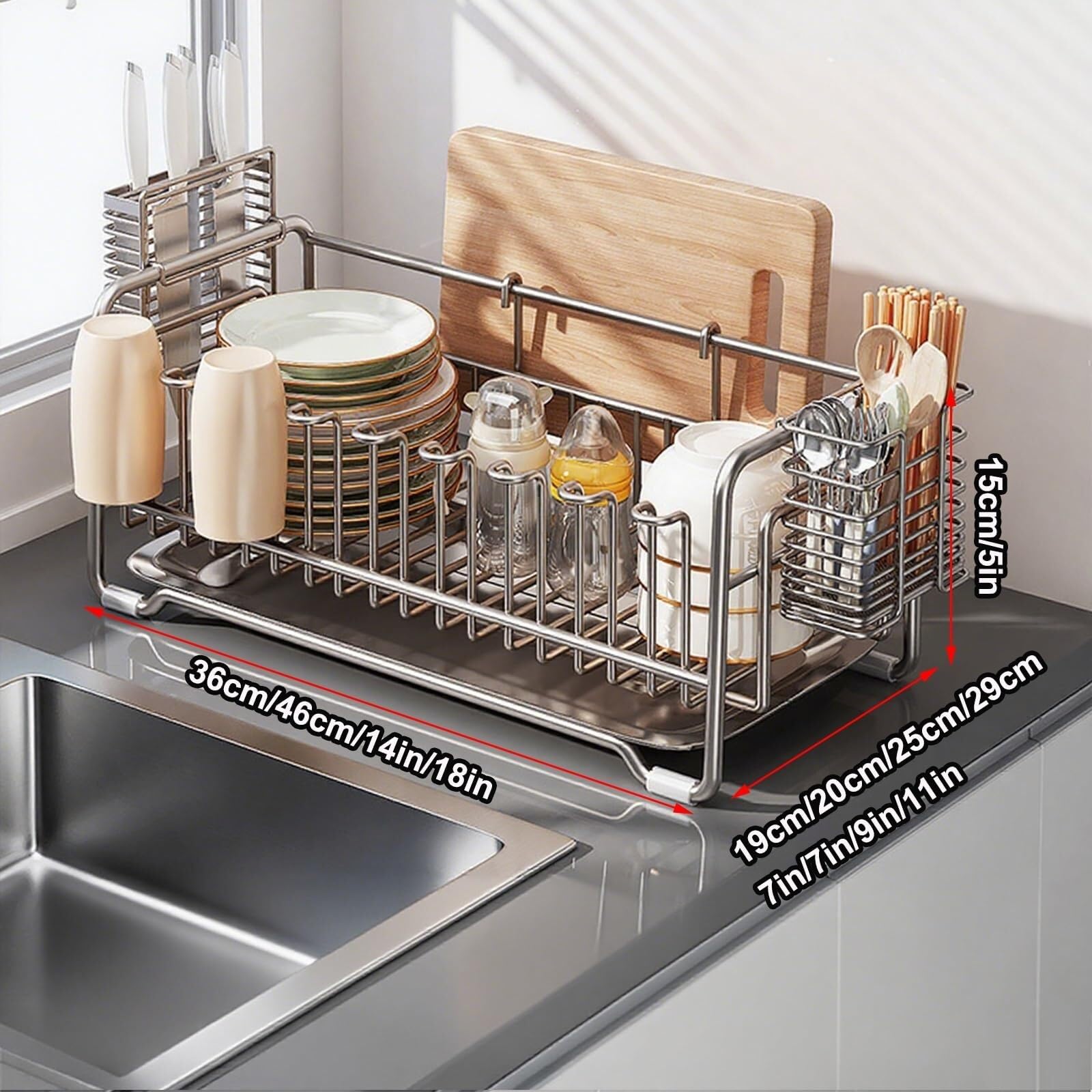 Drying Rack Geschirrtrockner, platzsparender Geschirrständer for die Küchentheke, Abtropfgestell aus Edelstahl mit Utensilienhalter abtropfgestell(Color2,36cm)