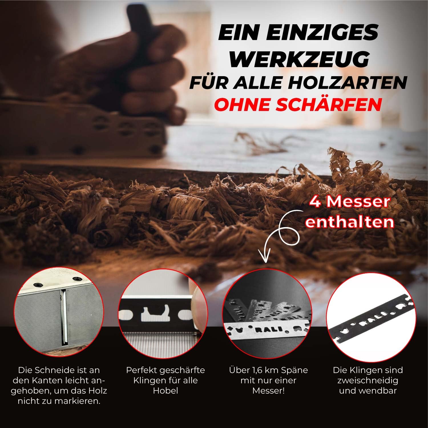 RALI 105 EVOLUTION N: Profi Einhandhobel l ohne Nachschärfen mit 4 Wendemessern | Einfache Einstellung von Schnitttiefe und Spanbrecher | Schweizer Handhobel für Schreiner und Tischler