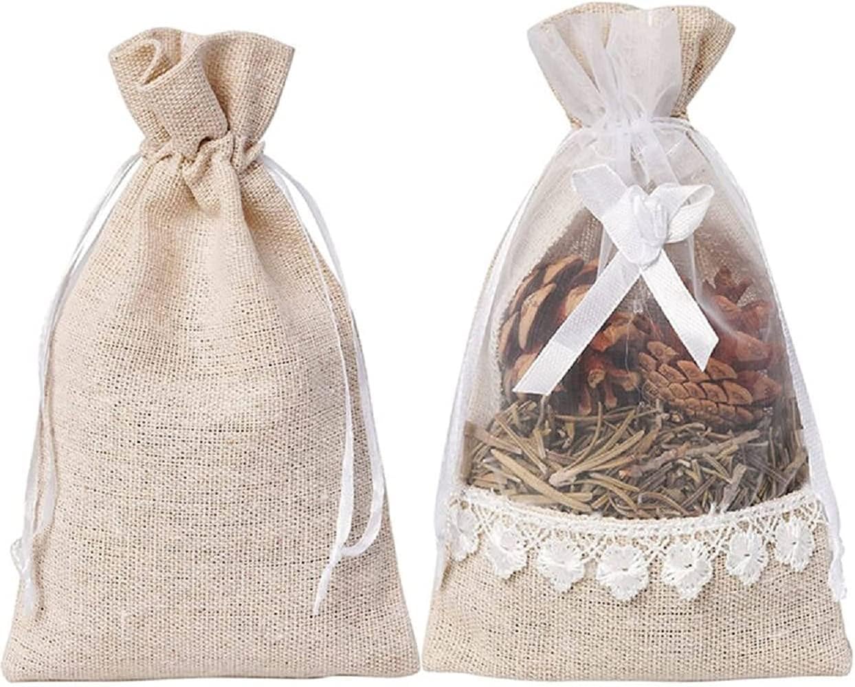 KUPOO 20 Rose Burlap Drawstring Bags Lace Jute Pouches for Weddings,Parties image 2