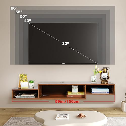 Miniatura 7 de ALAPUR Soporte flotante para TV con toma de corriente, centro de entretenimiento flotante de 59 pulgadas con LED marrón