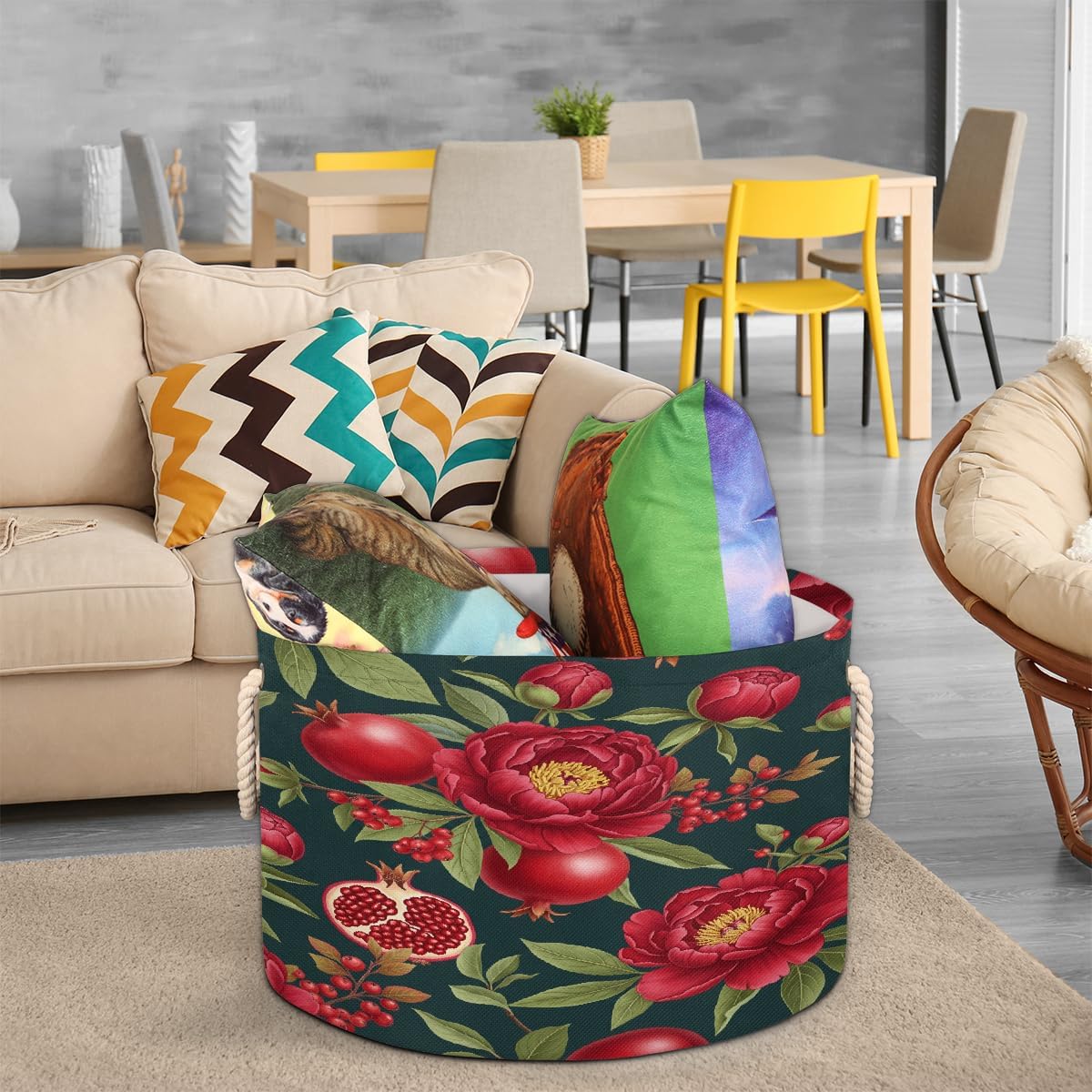 Large Storage Baskets - Red Peony Pomegranate Nursery Round Collapsible Organizer Bin Box, Laundry Hamper for Kids Toys, Blanket, Bedroom Living Room Home Decor, Gift Basket, 19.4"x13.3"