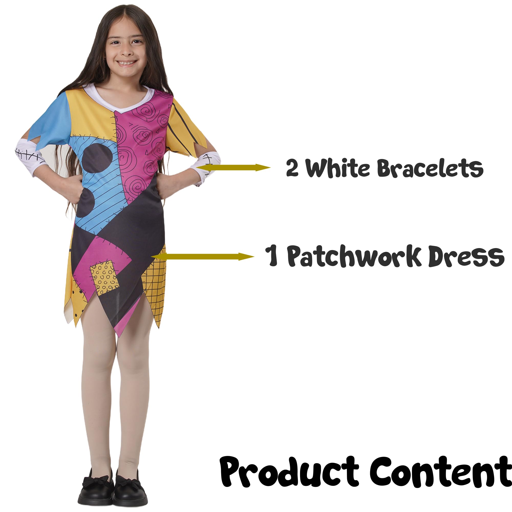 Sally Costume for Girls Ragdoll Patchwork Ragdoll Dress Inspired by Jack Halloween Carnival School Party Kids Cosplay 3/4 Sleeve and Irregular Hem (Dress Only - Image 2