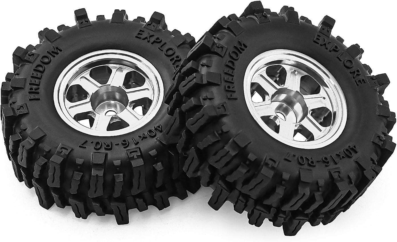 0.7 Inch RC Crawler Tires and Wheels Set 40×16mm for 1/30 Scale Axial SCX30 (Silver)