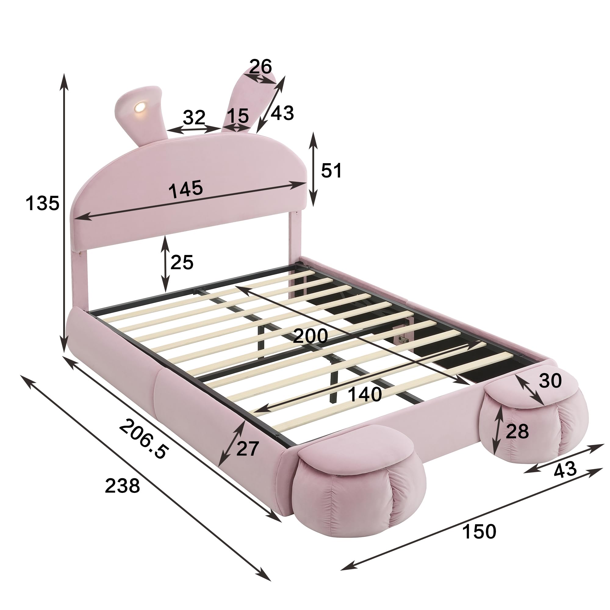 Lit double capitonné 140 x 200 cm, en velours, oreilles de lapin, luminosité réglable, bandes lumineuses chaude, 2 tabourets rangement, espace rangement hydraulique