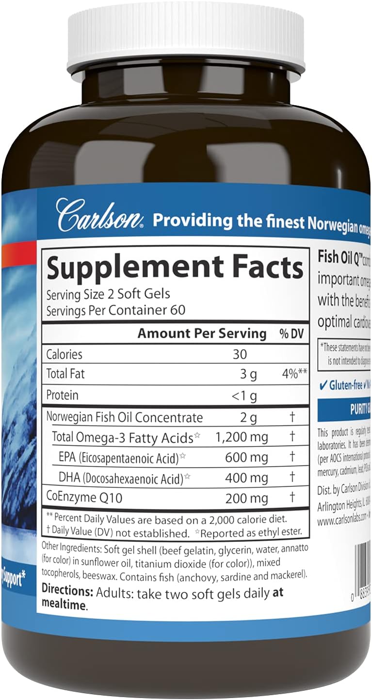 Carlson - Fish Oil Q, 1200 mg Omega-3s 200 mg CoQ10, Function, Energy Production & Circulatory Support, 120 Softgels