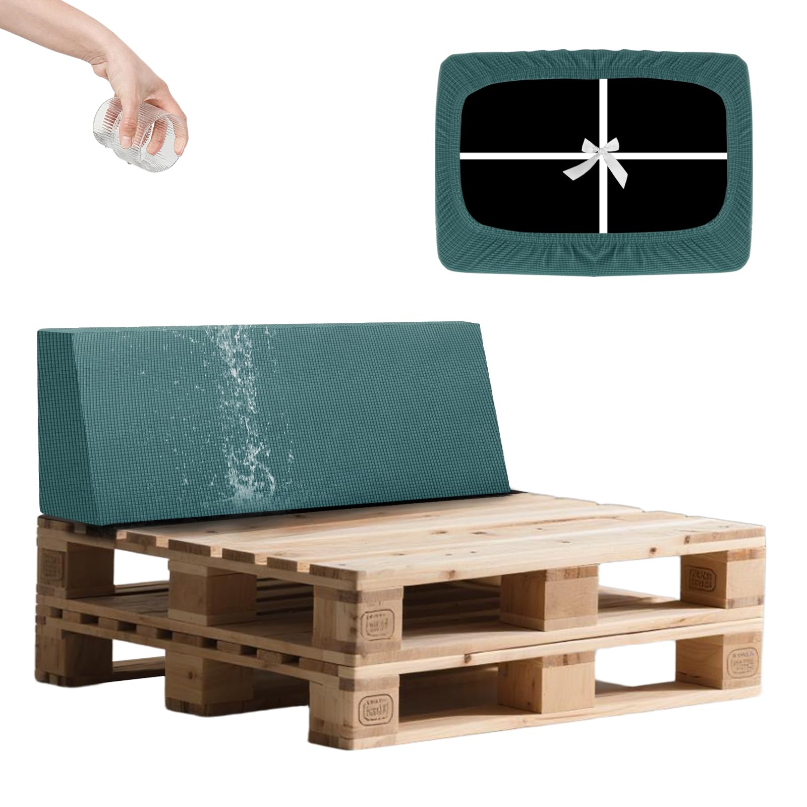 SYLC Waterproof Pallet Cushions Covers, Stretch Cover for Pallet Furniture Cushions with 4 Ties, Outdoor Corner Sofa Covers for Rattan Patio Garden Caravan (Lakegreen,Back 120×40×10/20cm) — image 1