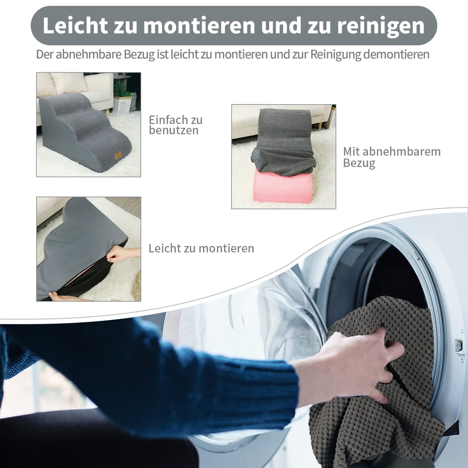 Nepfaivy Hundetreppe für Kleine Hunde 3-Stufig, Haustiertreppe für Bett und Sofa aus Hochdichtem Schwamm, Hunde Treppe Hunderampe mit Abnehmbarem, Waschbarem Bezug und Rutschfestem Boden, 60x40x40cm