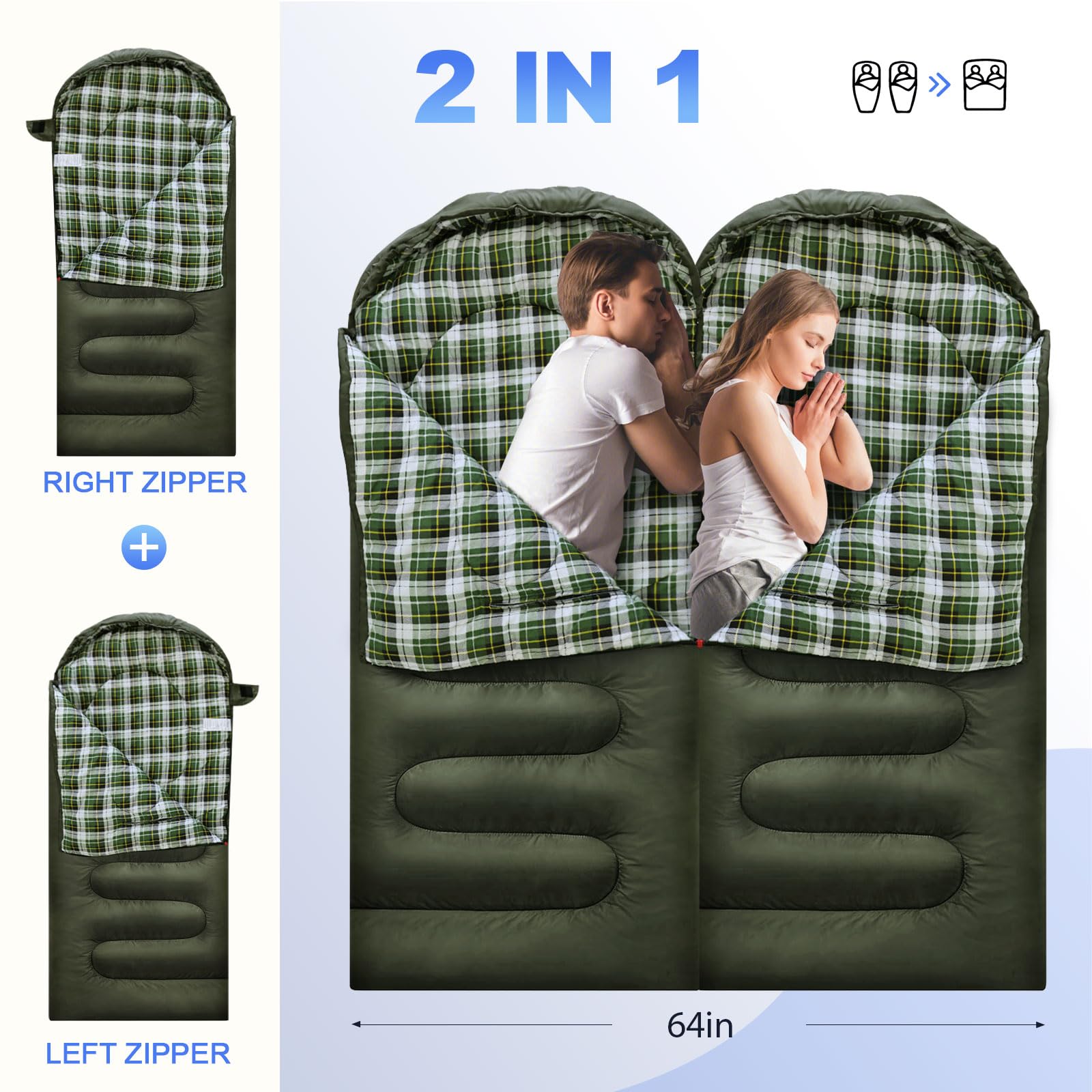 Sacs de couchage pour adultes en flanelle de coton léger avec trous de fermeture éclair pour bras XXL avec oreiller sac de compression pour le camping en plein air, la randonnée