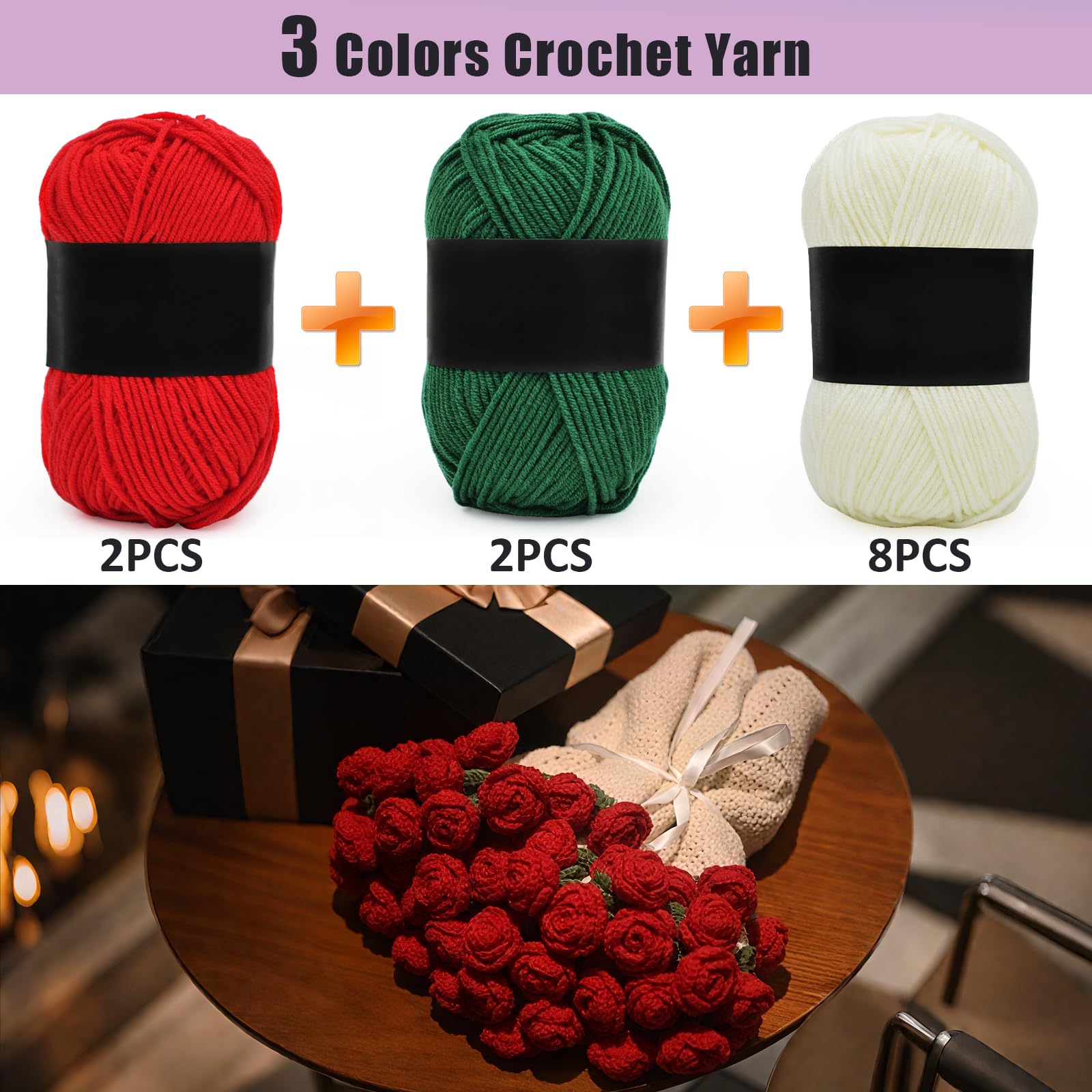 Xisakaca Blumendecken-Set für Anfänger, handgefertigtes Rosenstrauß-Häkelgarn, Zubehör, Strickset für Erwachsene für DIY-Frauen (dunkelrot, Materialpaket 90 cm)