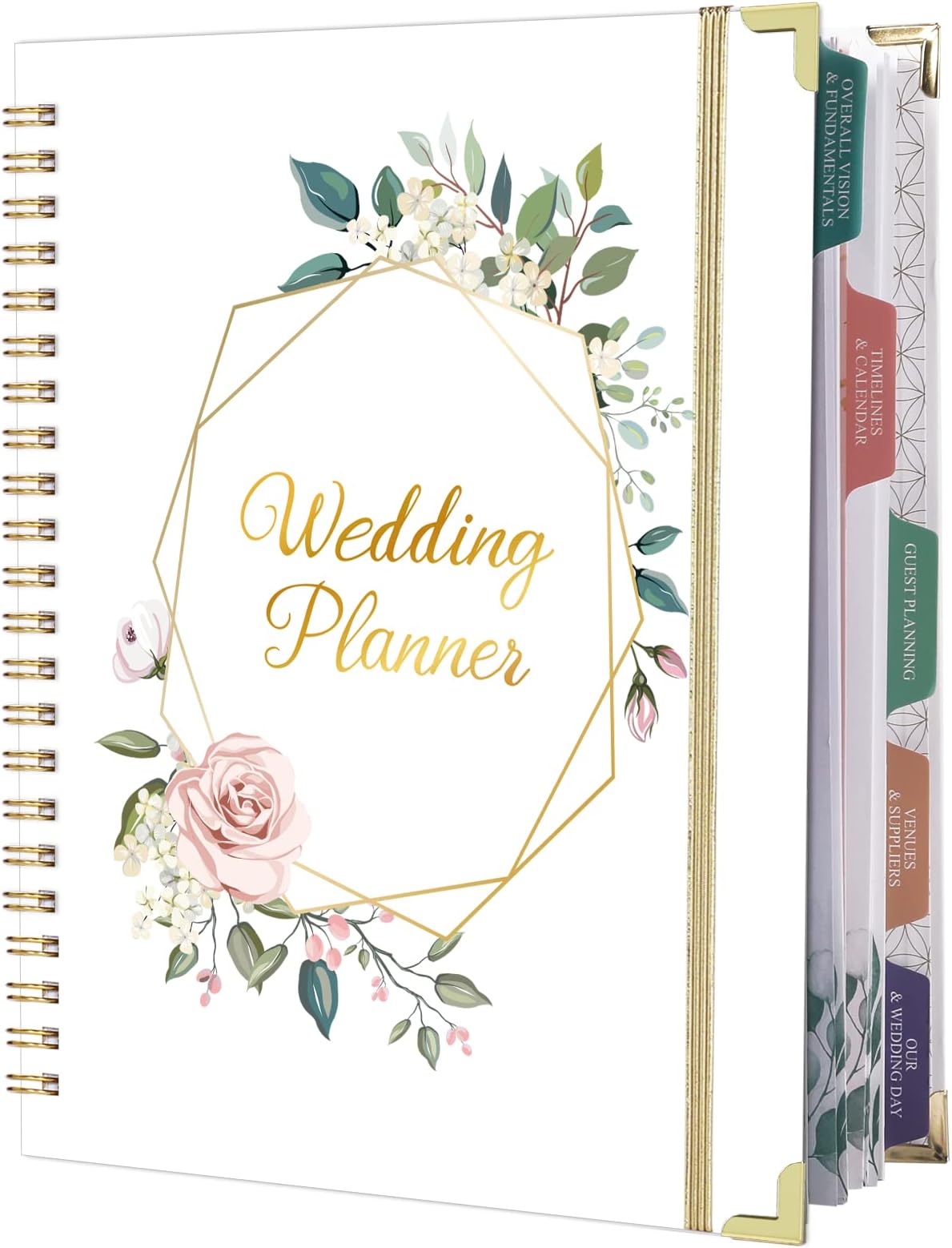 Wedding Planner & Organizer - Wedding Planner Book and Organizer for the Bride, Wedding Planning Book with 5 Tabbed Sections, 9" x 11.9", Hardcover with Metal Corner + 5 Inner Pockets + Elastic Closure - Romantic Floral