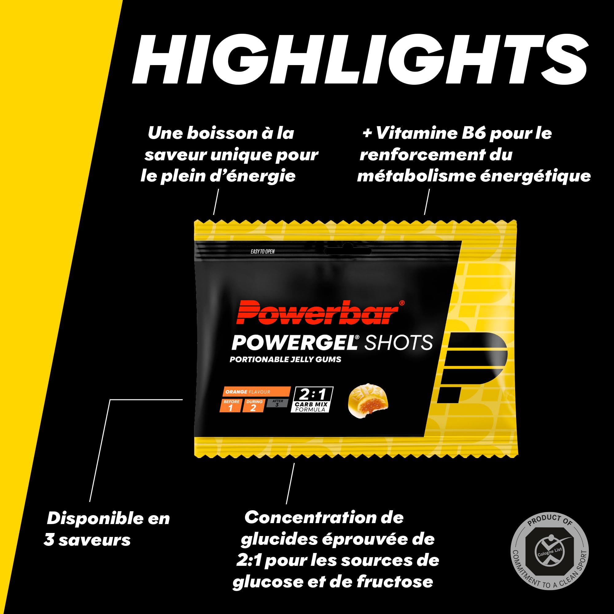 Powerbar - PowerGel Shots - Orange - 24x60g - Gommes énergétiques riches en glucides - Vitamine B6 - Sans caféine