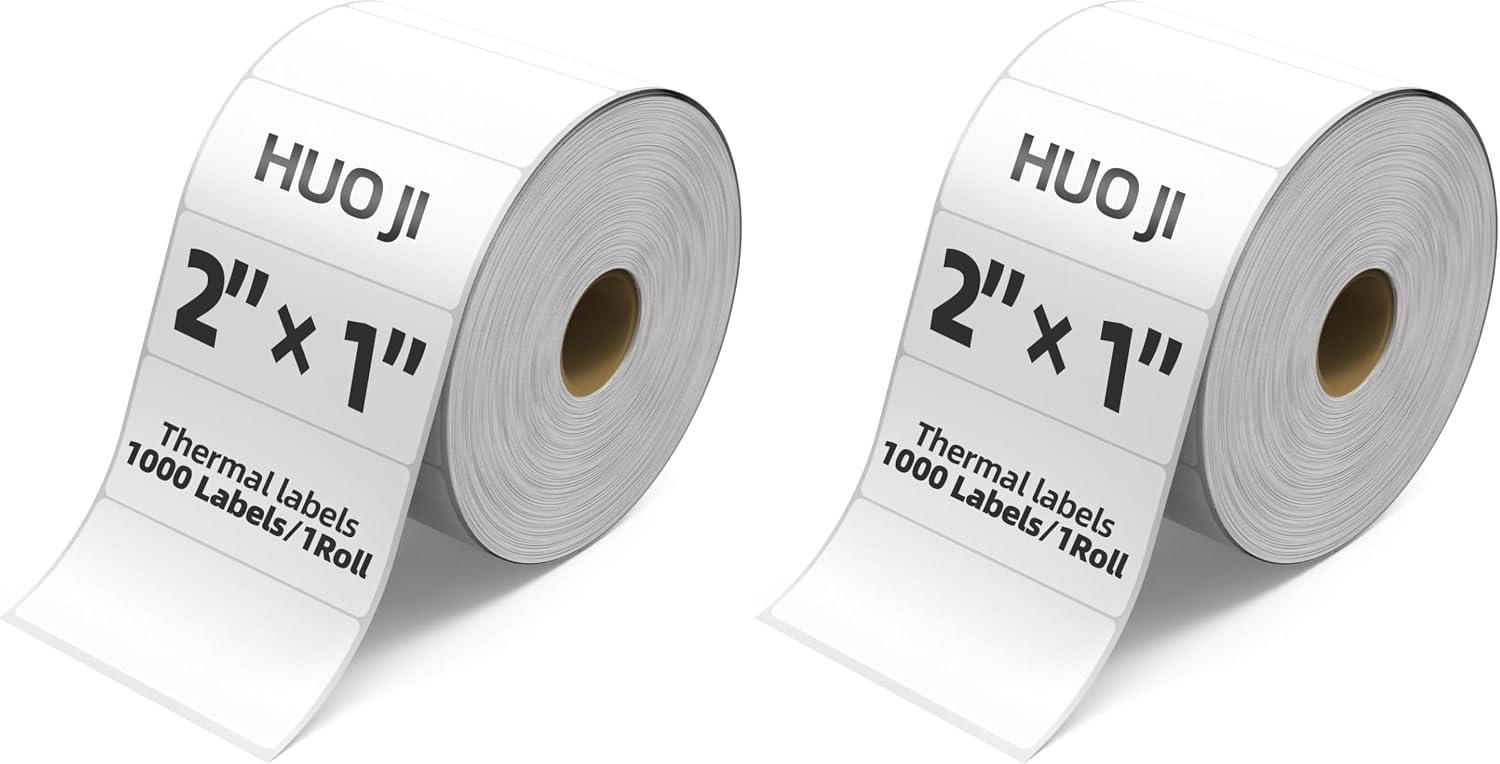 1000 2x1 Thermal Labels Roll, HUOJI White Thermal Printer Labels for Shipping, Barcode, and Packaging, Compatible with Rollo, Zebra, Munbyn Printers(Commercial Grade Stickers) (Pack of 2)
