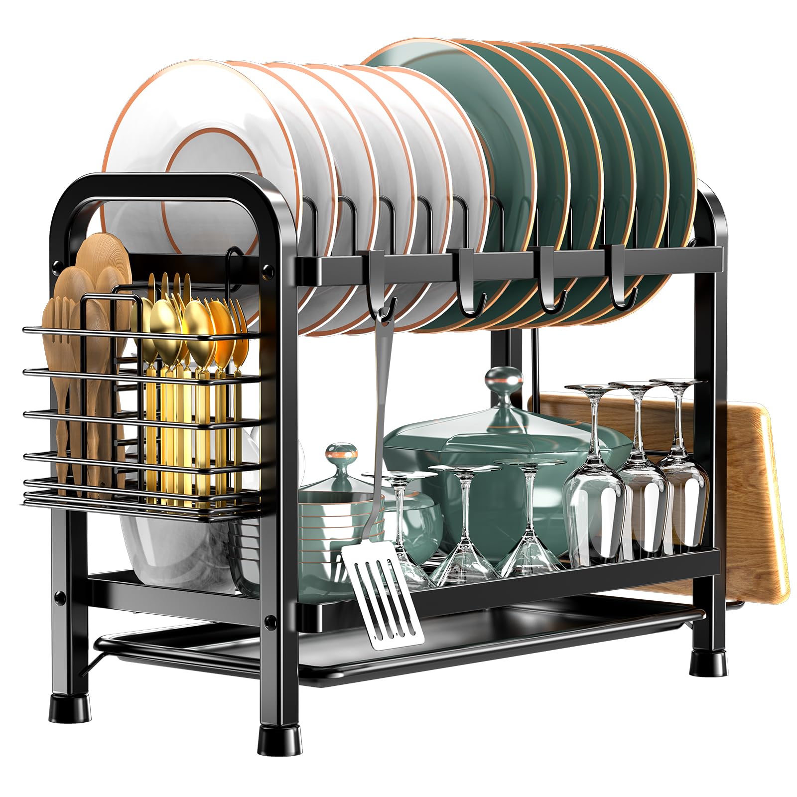 2 Tier Dish Drainer Rack with Drip Tray, Dish Drying Rack with Utensils Holder, Durable Stainless Steel Dish Rack for Kitchen Counter, Black