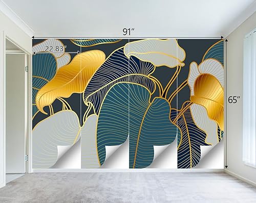 Miniatura 4 de Mural de pared de hoja botánica dorada para sala de estar y dormitorio, 91 x 65 pulgadas (no se puede despegar ni pegar)