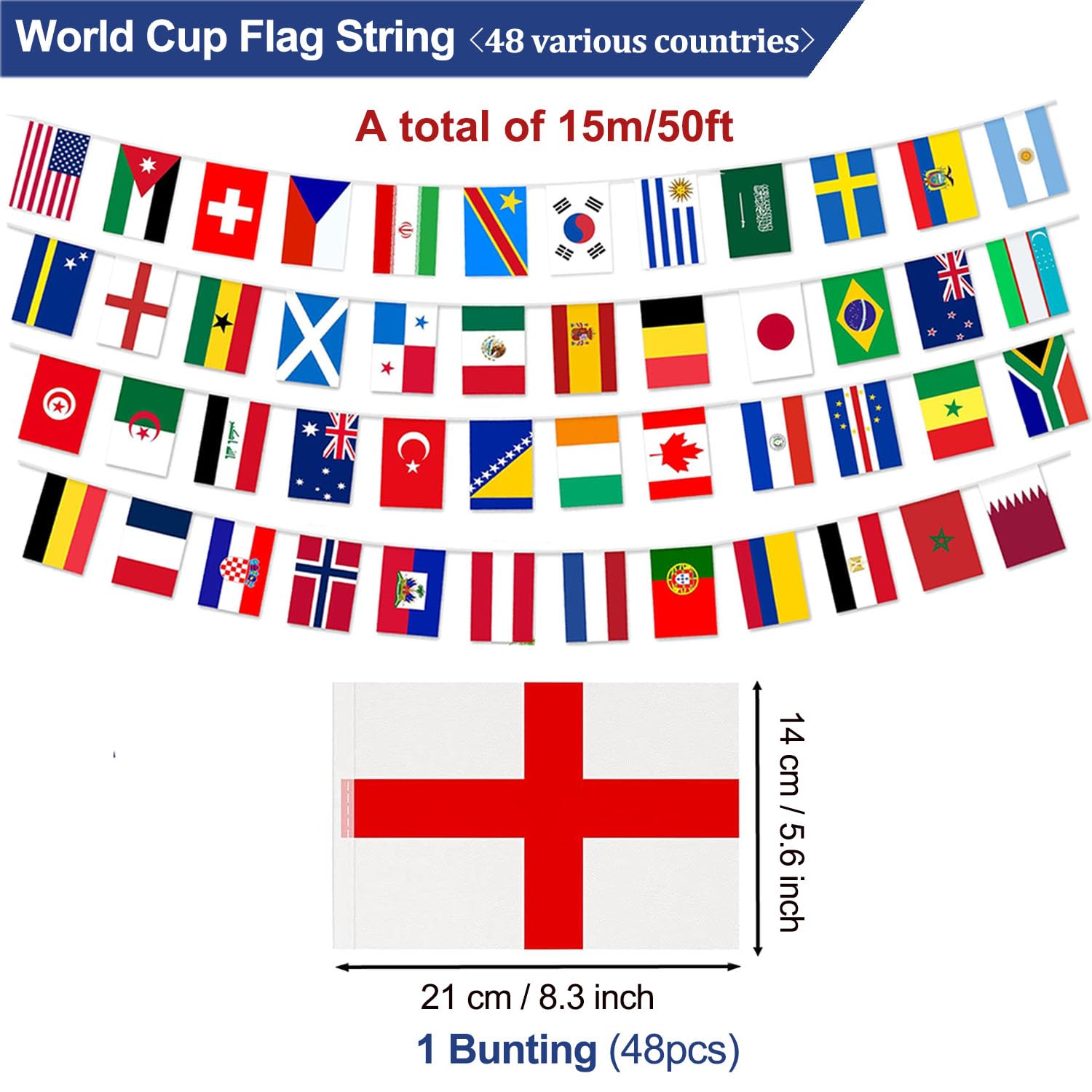 Weltmeisterschaft 2026 Deko-Fahnengirlande mit 48 Nationalflaggen, doppelseitig bedrucktes Wimpelbanner für Fußballpartys, Garten, Bar, Straßenfeste, WM 2026 Deko & Sport-Events