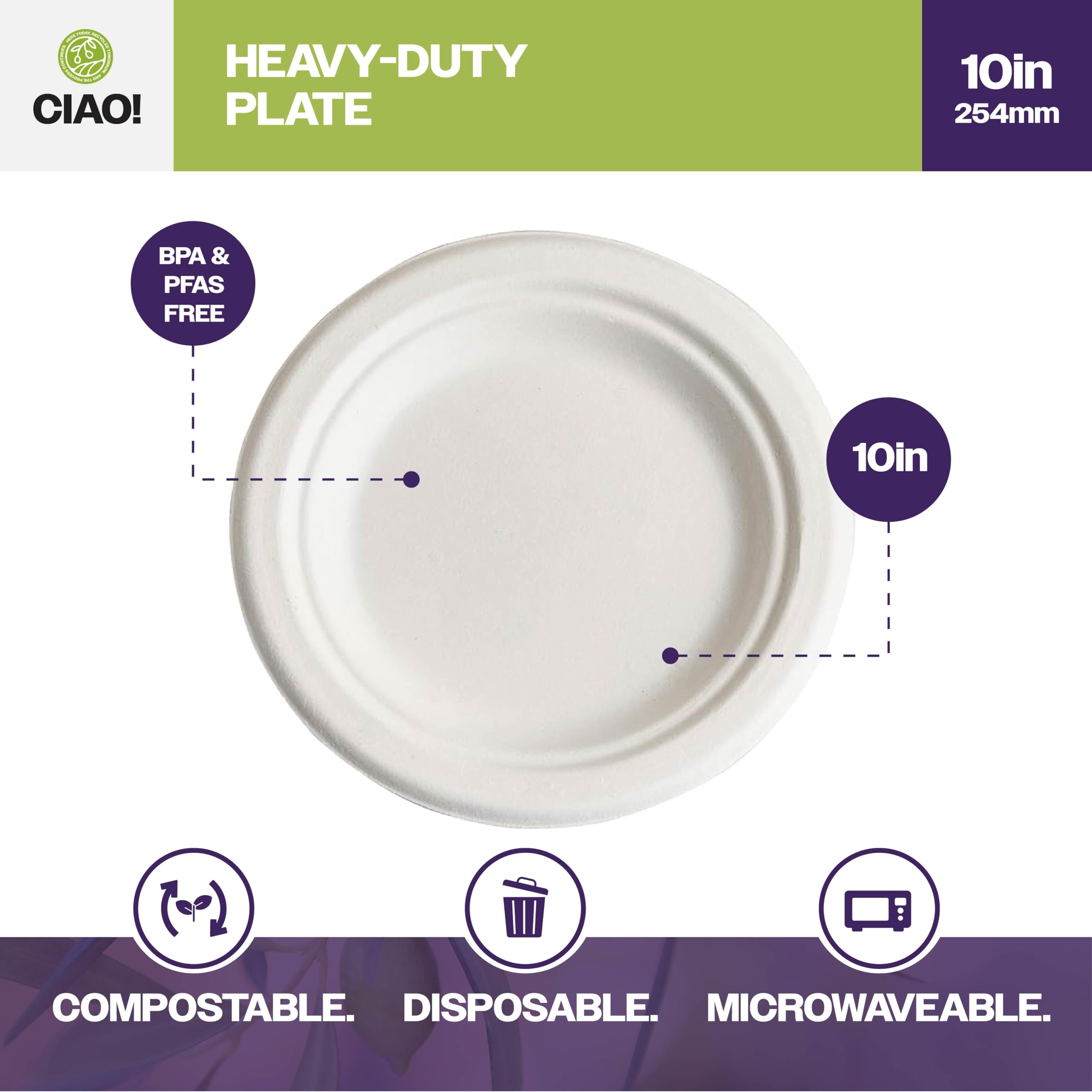 CIAO! Plato resistente de 25,4 cm, 100 % compostable, sin PFAS, bagazo sin blanquear, color blanco natural (paquete de 500)