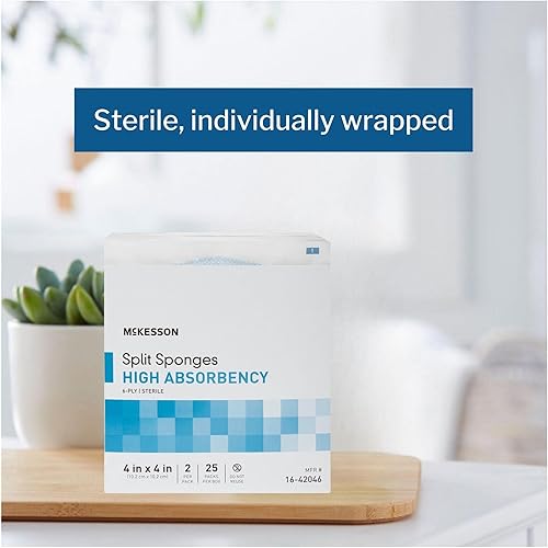 Miniatura 3 de McKesson Esponjas divididas de alta absorción, 6 capas estériles, vendajes intravenosos y traqueostomía, mezcla de poliésterrayón, 4 x 4 pulgadas, 2