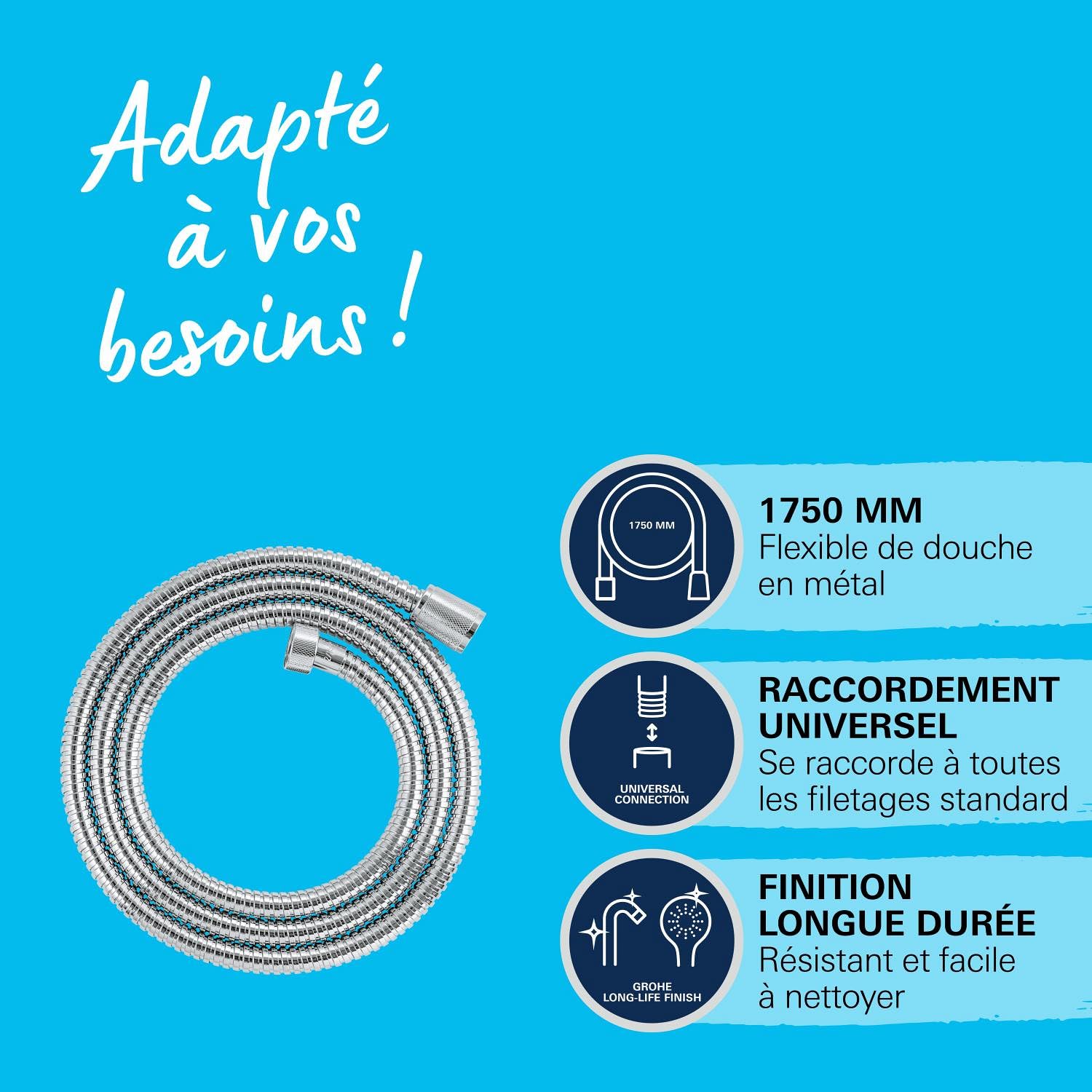 GROHE Flexible tuyau de douche salle de bains VitalioFlex métallique, tuyau de douche 1500mm, anti-pliures, finition brillante, raccord fileté universel 1/2", chromé, 27503001 (Import Allemagne)