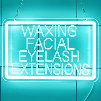 Waxing Facial Eyelash Extensions Neon Sign, Beauty Salon LED Neon Lights with 10-Level Dimmer Switch, USB Powered Wall Decor Sign,Ice Blue,30x20cm