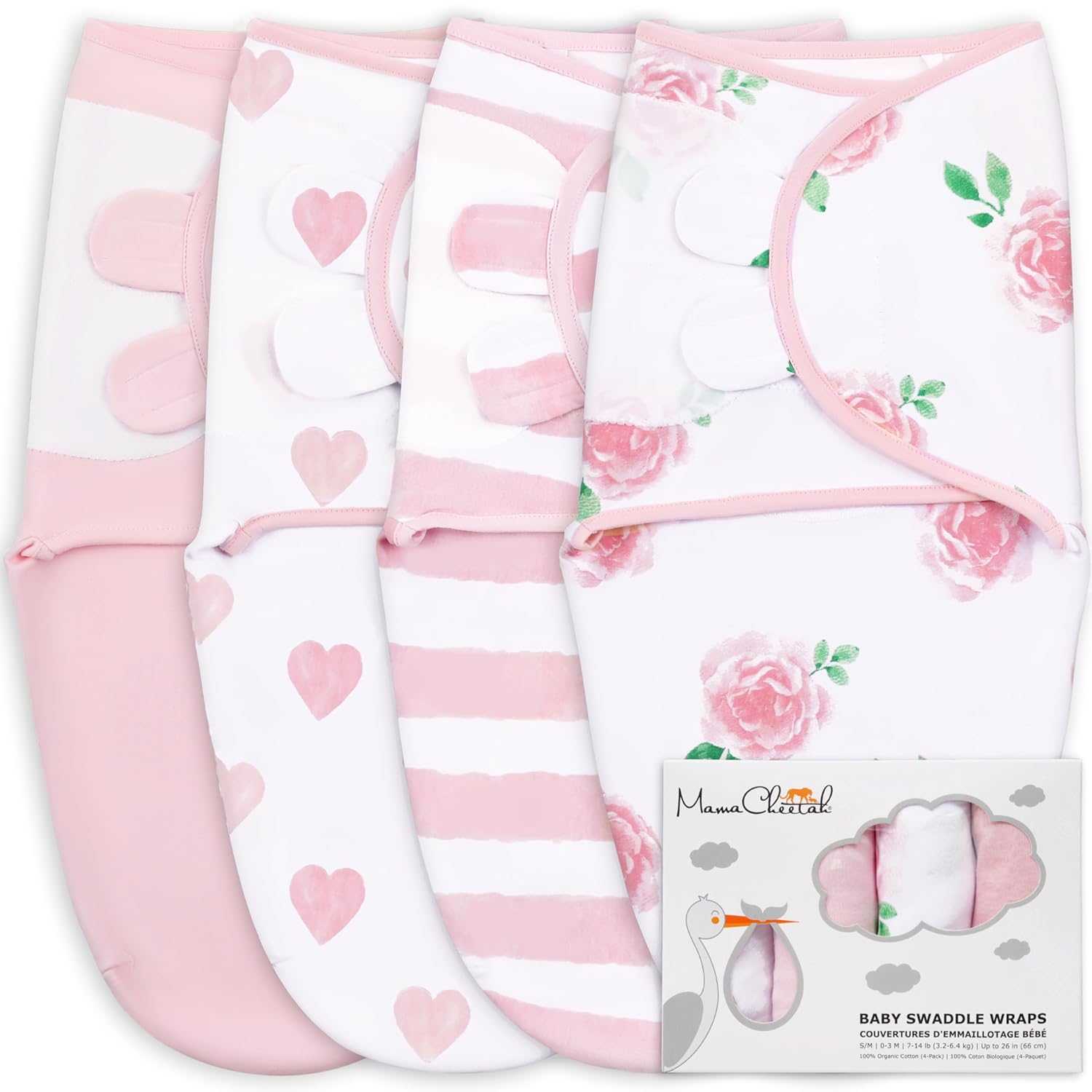 Mama Cheetah Baby Swaddle Sack, Organic Swaddle Blanket, Newborn Swaddle Sleep Sacks, Adjustable Infant Swaddle Wrap, Easy Swaddles for Boy Girl 0-3 Month, Angelic 4-Pack S/M (0-3 Months) 4-pack Angelic