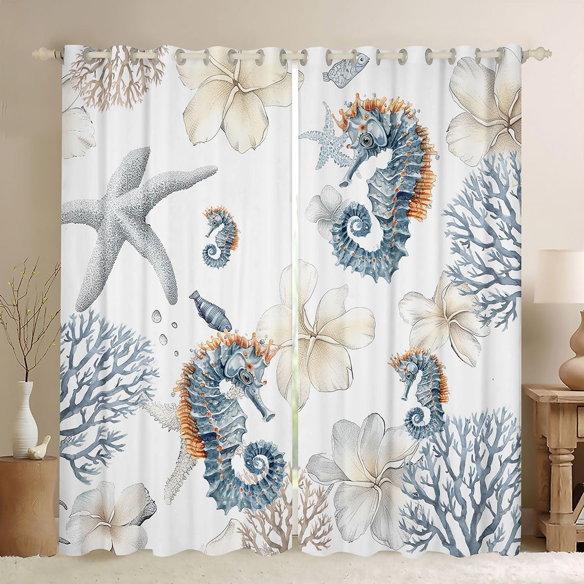 Homemissing Tende oscuranti per camera da letto, soggiorno, stelle marine, fiori, oscuranti, tendaggi per finestre, 2 pannelli, 167,6 x 228,6 cm, decorazione per la stanza
