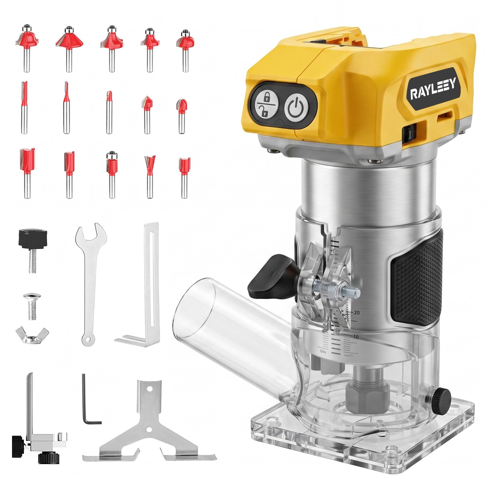 Brushless Cordless Palm Router Trimmer for Dewalt 18V Battery (Not Included Battery), 800W Wood Router for Woodworking, 5 Variable Speeds, 15pcs Router Bits, Dust Hood