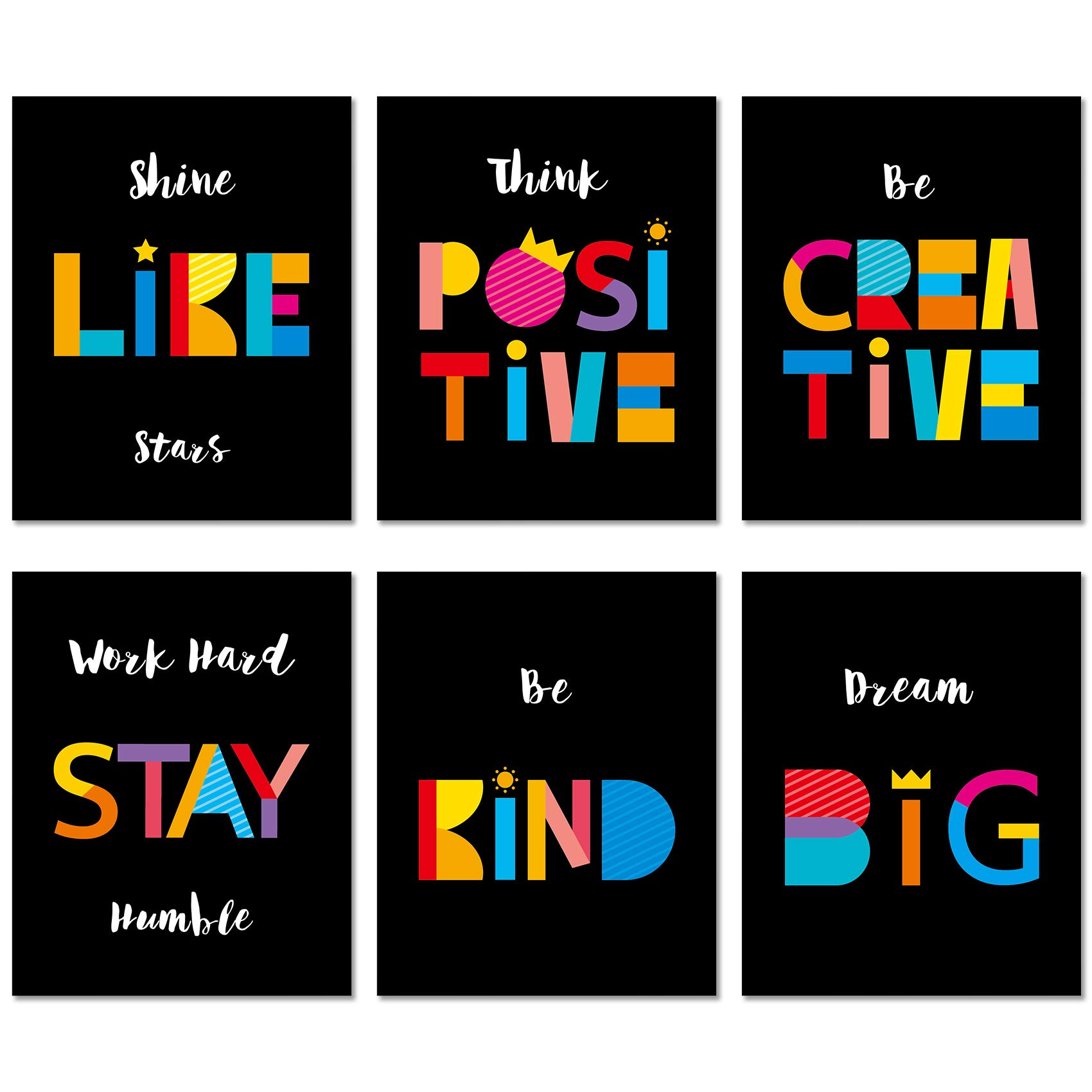 Unframed Poster Art Prints - Colorful Motivational Dream Big Nursey and Kids Room Decor Inspirational Minimalism Typography - 8x10 inches x 6 Panels