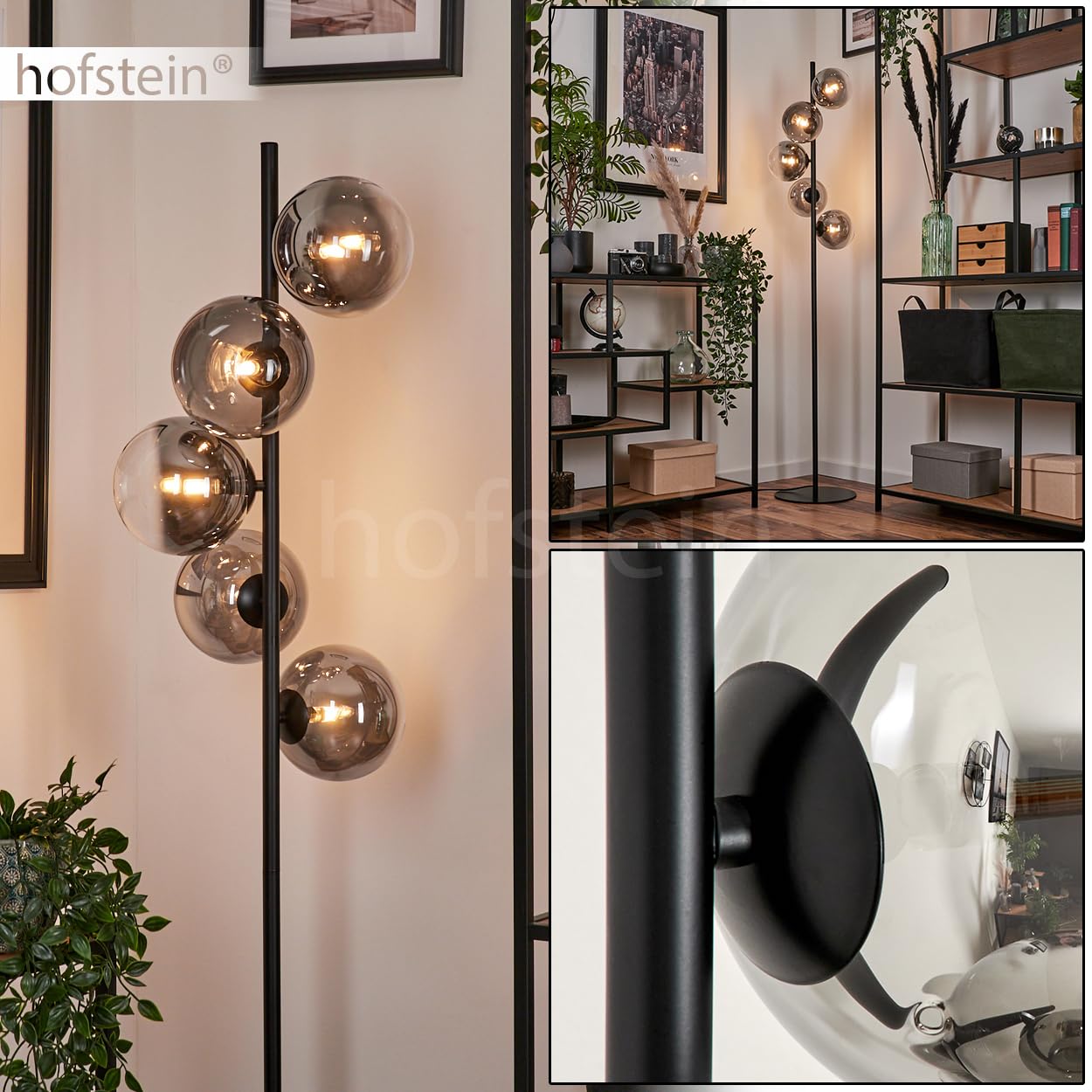Stehleuchte Remaisnil, Stehlampe aus Metall/Glas in Schwarz/Rauchfarben/Klar, Standlampe im Retro/Vintage-Design mit Schirmen aus Glas (Ø 15 cm) u. Fußsschaler, Höhe 160 cm, 5 x G9, ohne Leuchtmittel