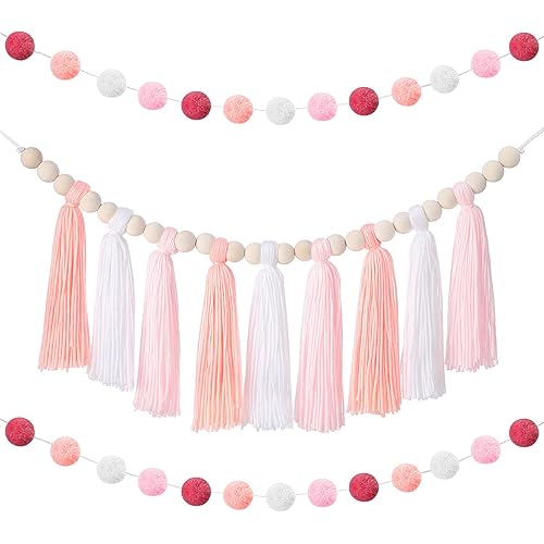 Syhood Boho Tassel Garland Tassel Wall Hanging Decor Pastel Tassel Banner with Wood Beads and 2 Pcs Colorful Pom Pom Ball Garland for Classroom Party Kid Bedroom Baby Shower Supplies(Vivid Colors)