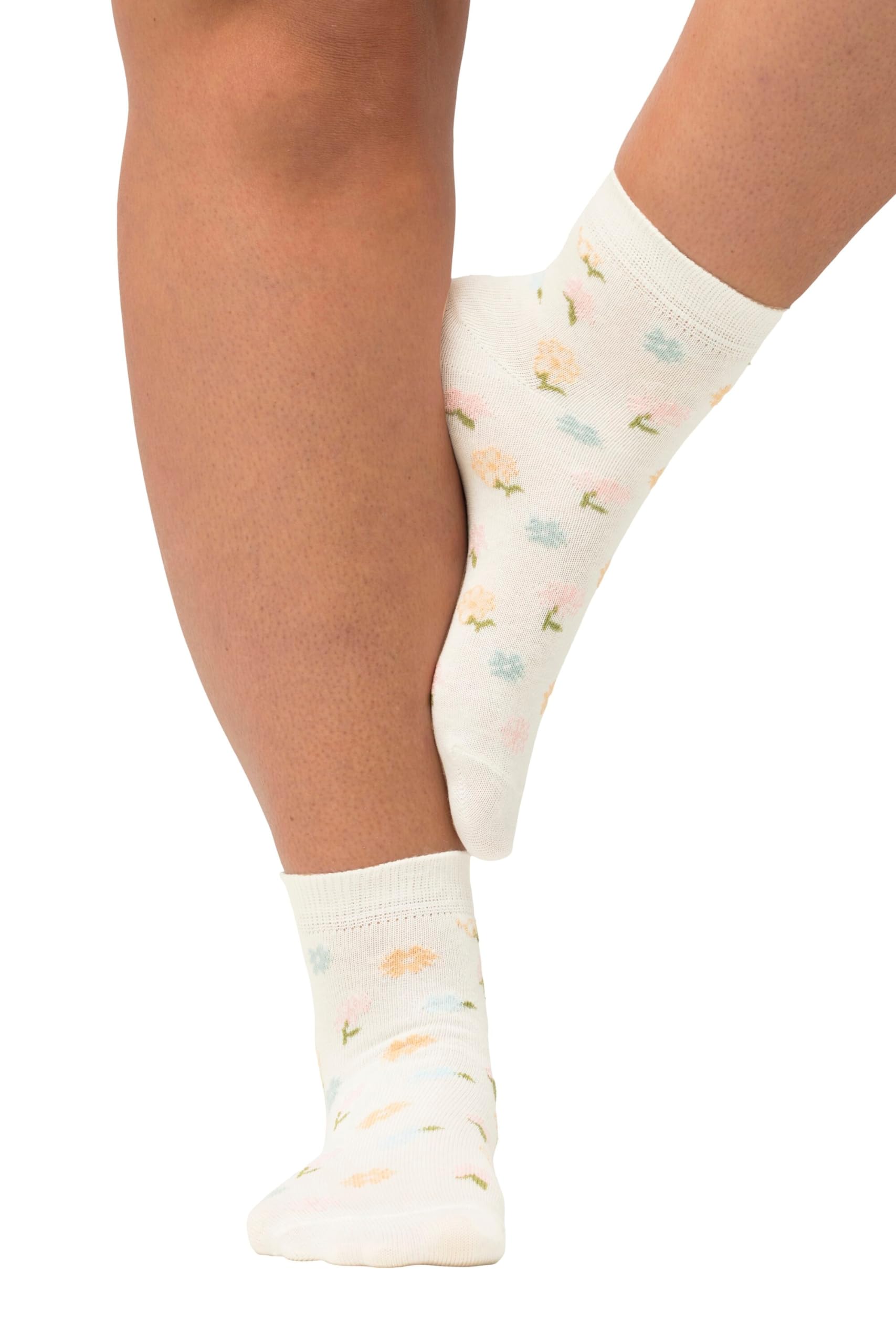 Ulla Popken Women's Pack of 2 Short Shaft Socks, Flowers, White, 39-42