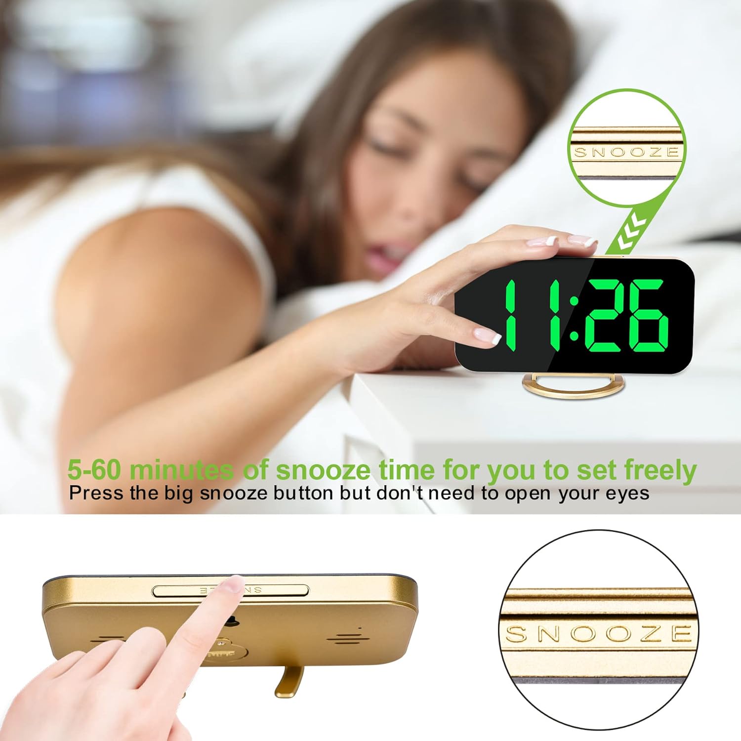 A hand pressing the snooze button on the SZELAM LED Digital Alarm Clock, with text indicating 5-60 minutes of adjustable snooze time.