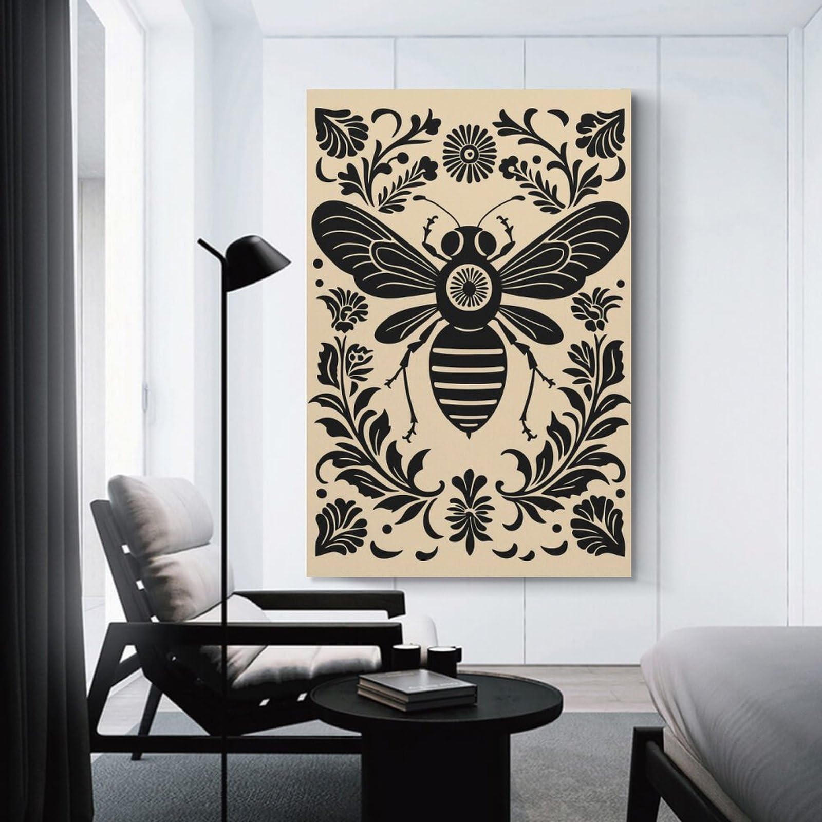 Junmoney Decorative Canvas Print Bee And Floral Ornament, 20x30inch(50x75cm), for Office, Study Or Home Workspace, Decorative Artwork for Productive Spaces