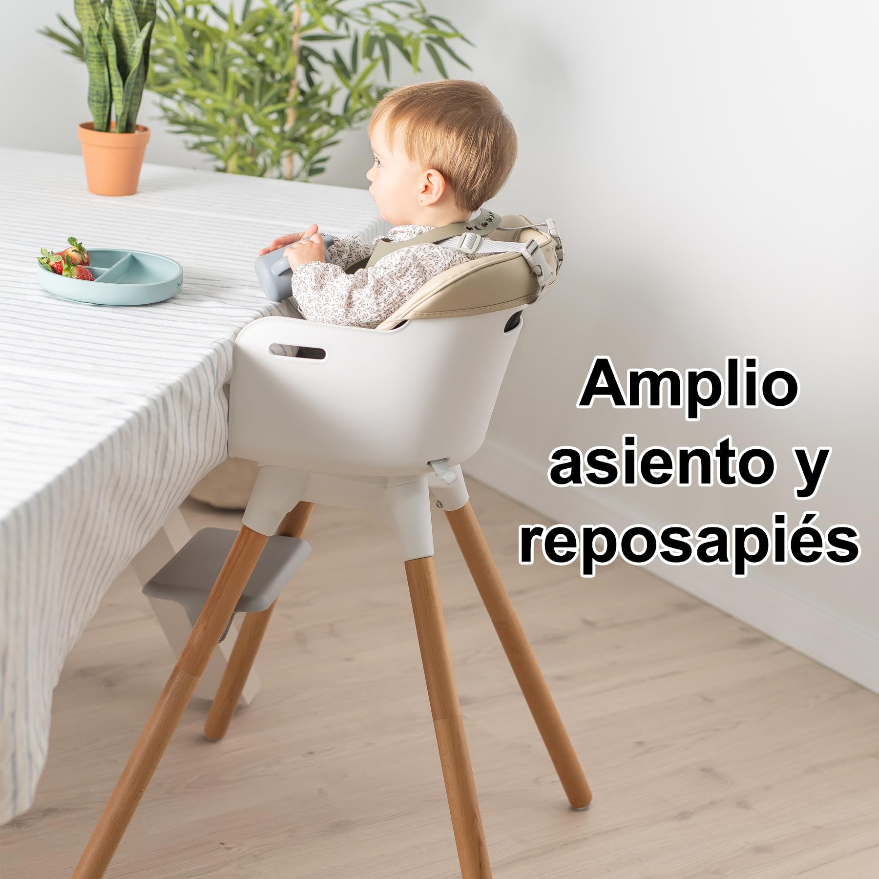 Olmitos – Trona bebé Convertible 2 en 1 Mesa con Silla para Niños KOMBO - Seguridad, Madera de Haya, Arnés de 5 Puntos, Plegable y Ajustable – 6+ meses hasta 15kg (Beige)