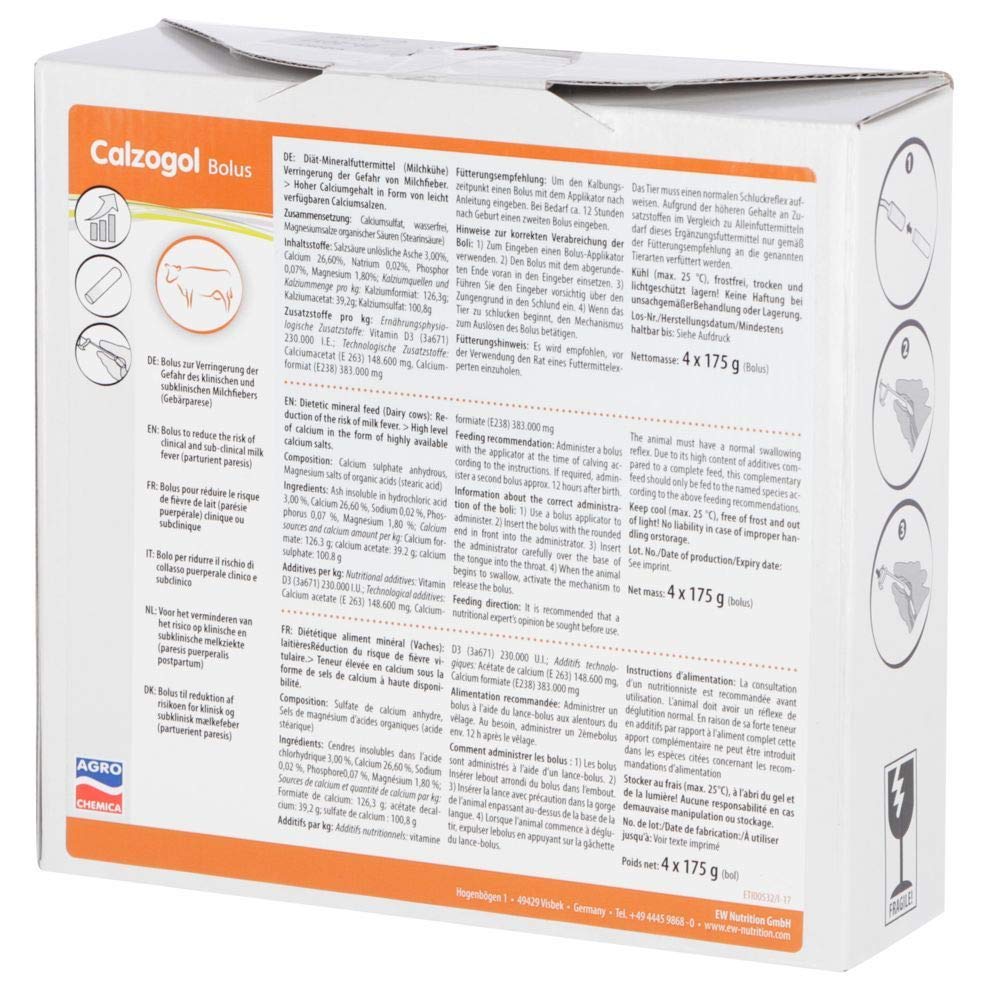 Kerbl Calzogol Bolus | 4 x 175 g | Ergänzungsfuttermittel für Milchkühe | Zum Ausgleich von Calziummangel zur Laktation nach der Kalbung | Hoher Gehalt an Calzium