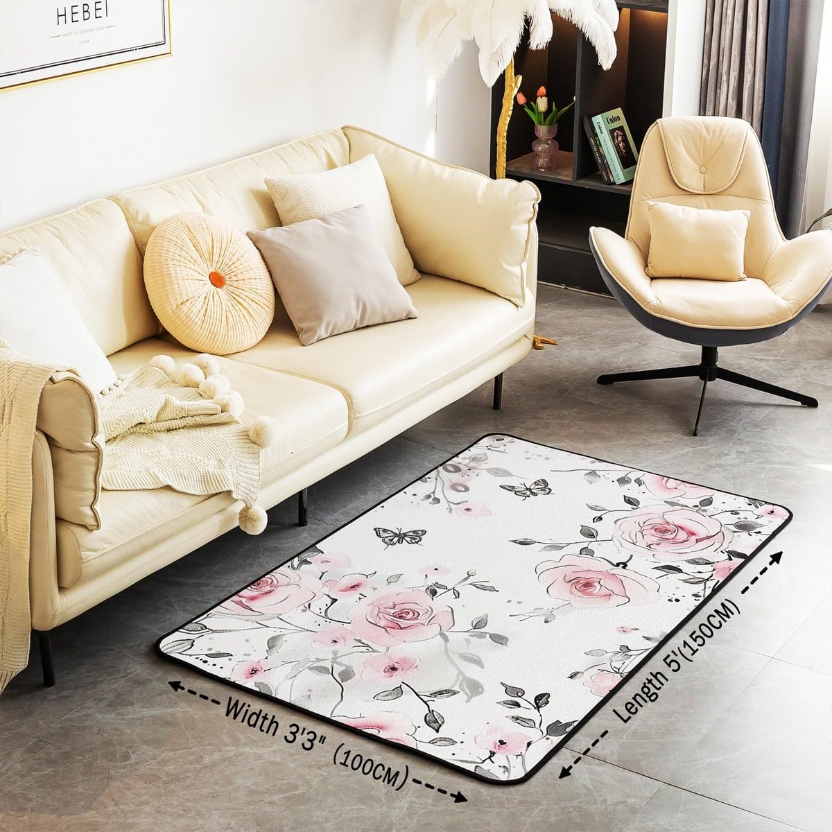 Erosebridal Pink Rose Area Rug 3x5 for Girls Women Lady,Romantic Rose Butterfly Carpet,Watercolor Floral Leaves Plants Indoor Floor Mat,Pink White Minimalist Decorative Rug