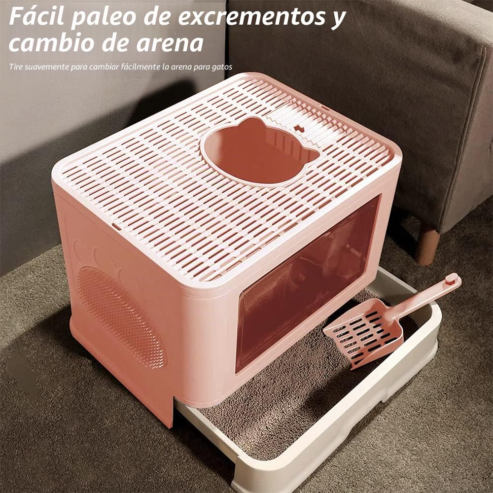 Arenero Gatos Cubierto con Cajon,Arenero para Gatos Grande XXL Cerrado Caja de Arena Plegable Cagadero Gato sin Olores con Cepillo de Masajeador Pala y Filtro48,5 * 36,5 * 38 cm - Rosa