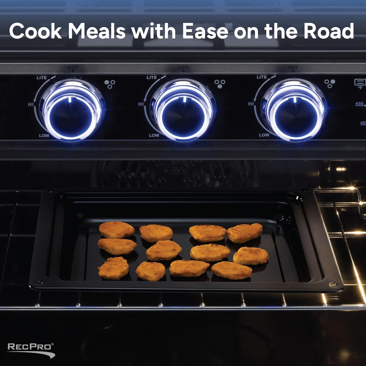 RecPro Suburban 17" RV Gas Range w/Air Fryer | 3 Burner Propane Stove & Oven Combo | Black Glass Cover | Dual Fuel (Gas & Electric) | Slide-in RV Cooktop | 12V DC/ 120V AC