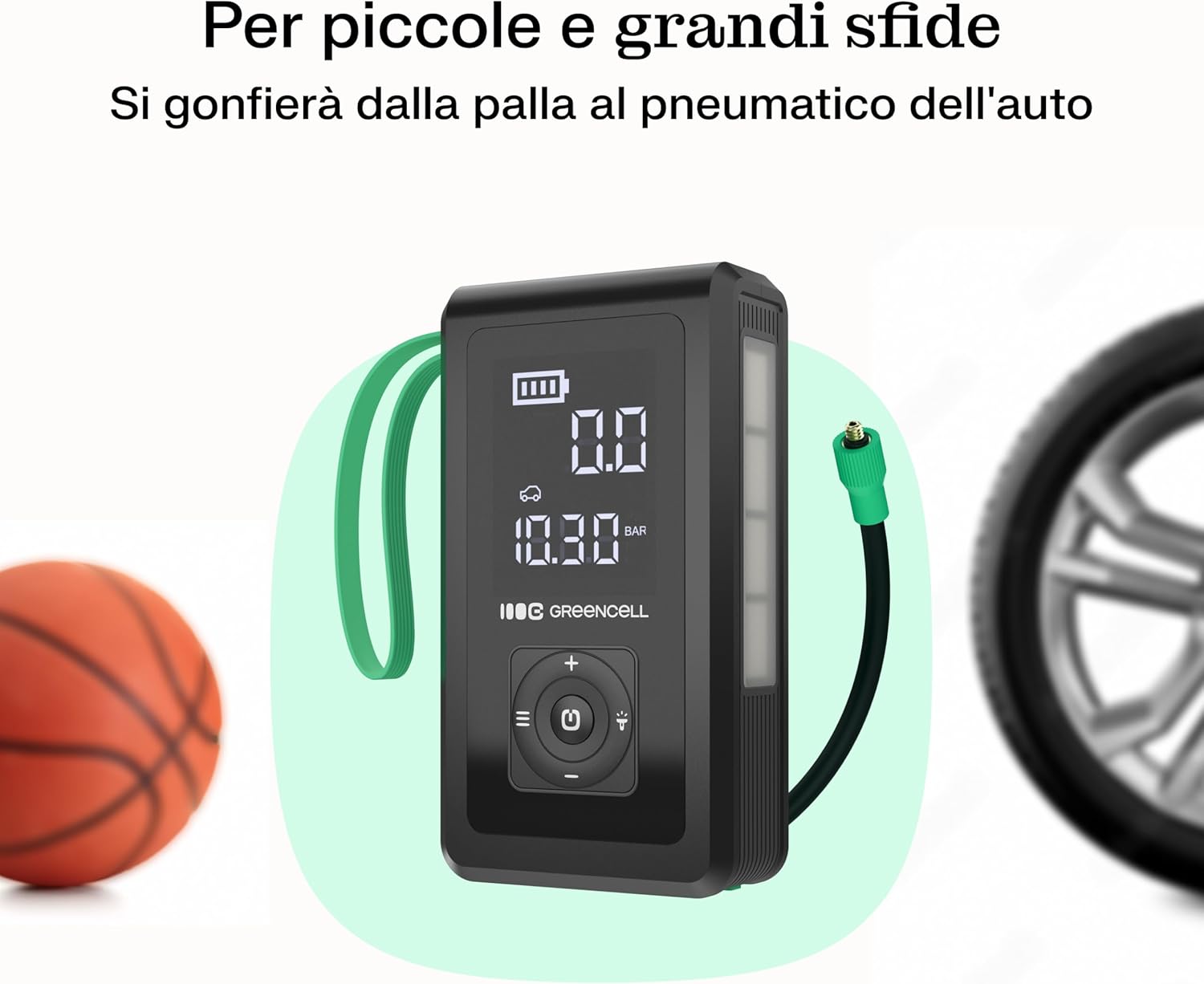 Green Cell PowerBoost Air next to a basketball and a car tire, demonstrating its use as an air compressor.