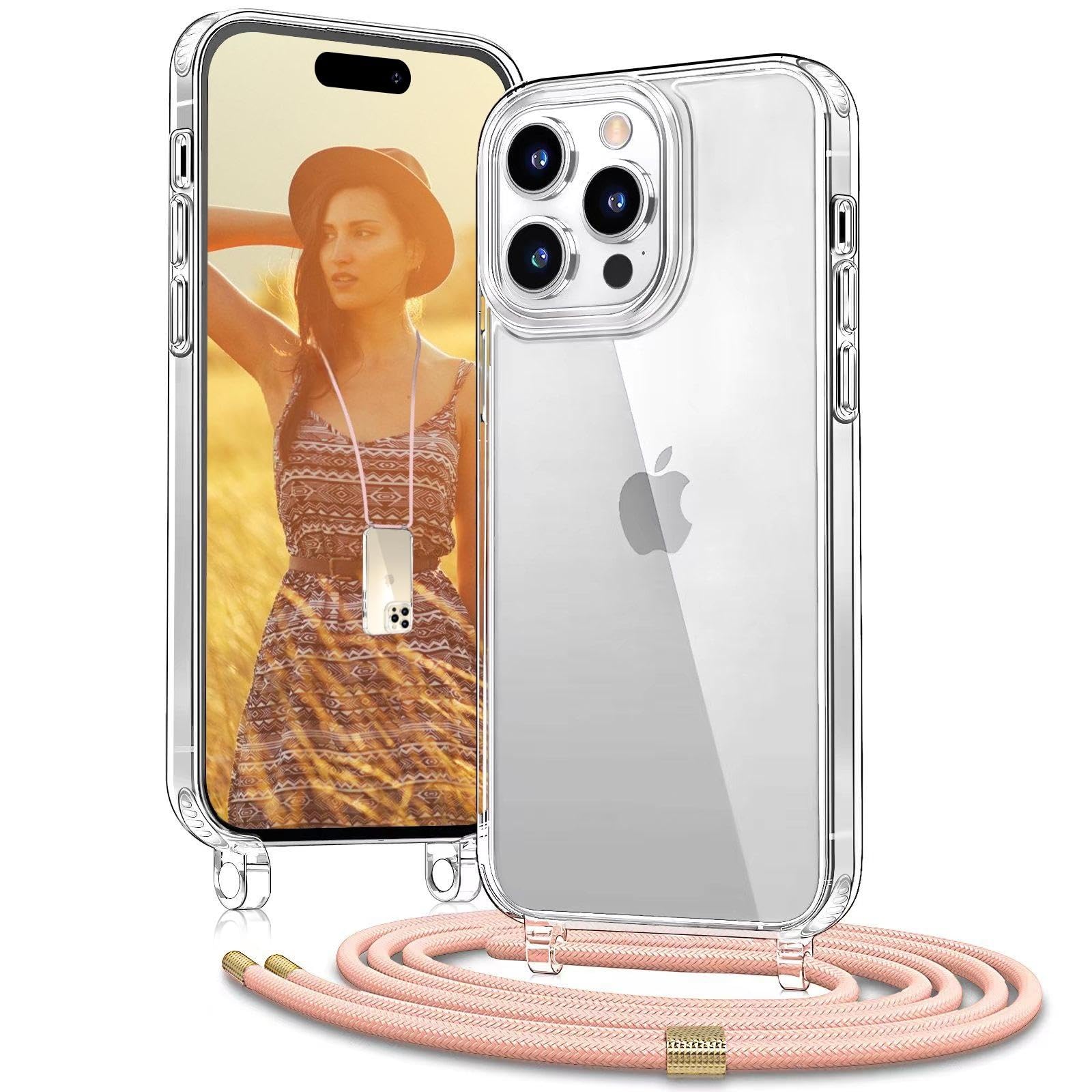 OLEPHY Cover Trasparente con Cordino per iPhone 15 Pro 6,1'',Custodia con Regolabile Collana, Protezione Completa [Antiurto] [AntiGraffio] Case con Laccio Tracolla, Rosa