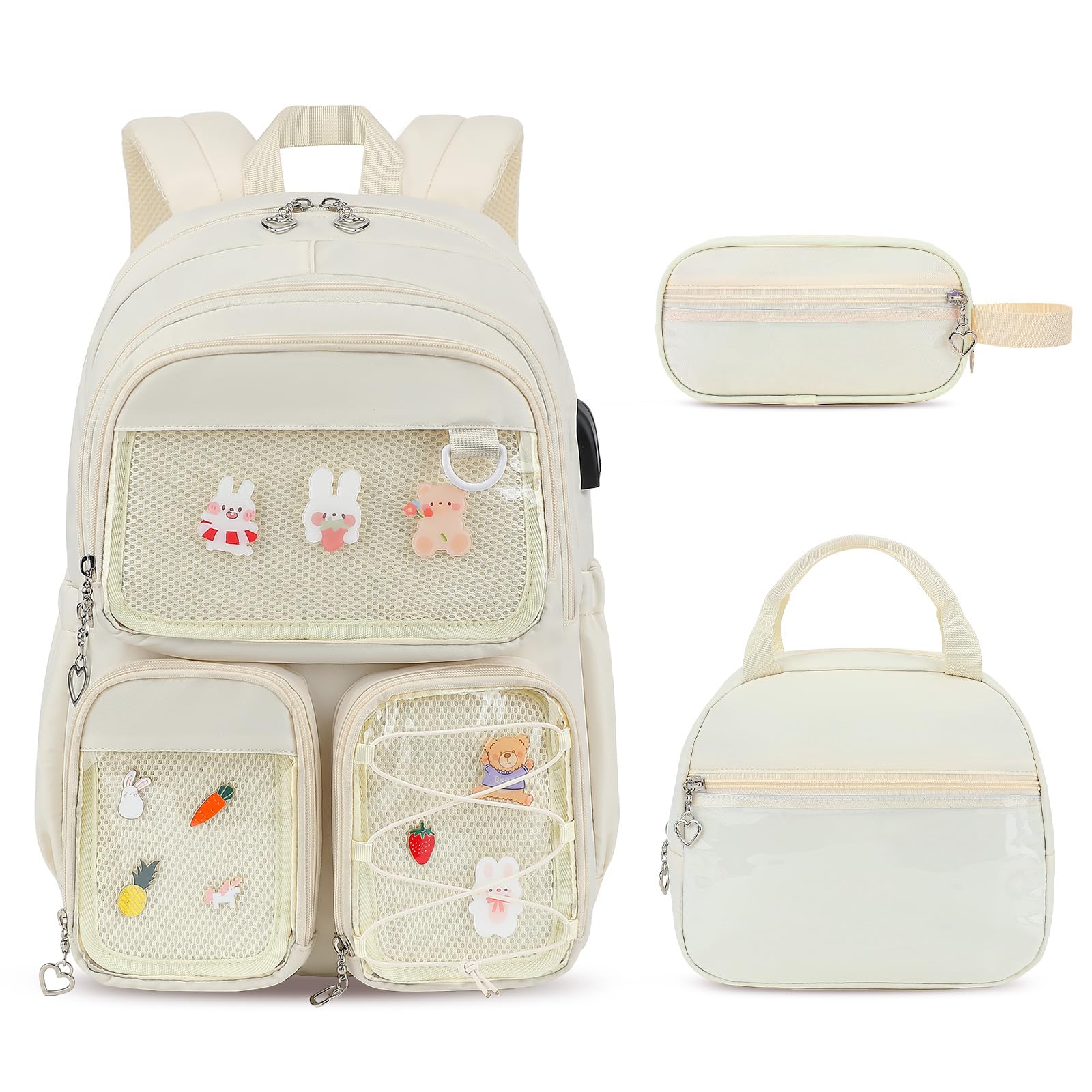 ACESAK 3PCS Girls Backpack Set - Kawaii Ita Backpack Pins with Lunch Bag | Pin Display Backpack for Girls Preschool Kindergarten Elementary Middle School with Clear Pocket & Pencil Case