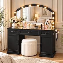 kepptory Large Vanity Desk with Mirror and Lights, 55" Makeup Vanity Table with Glass Top, LED Lighted Mirror, Spacious Drawers and Storage Cabinet, Dressing Table for Bedroom, Women & Girls, Black