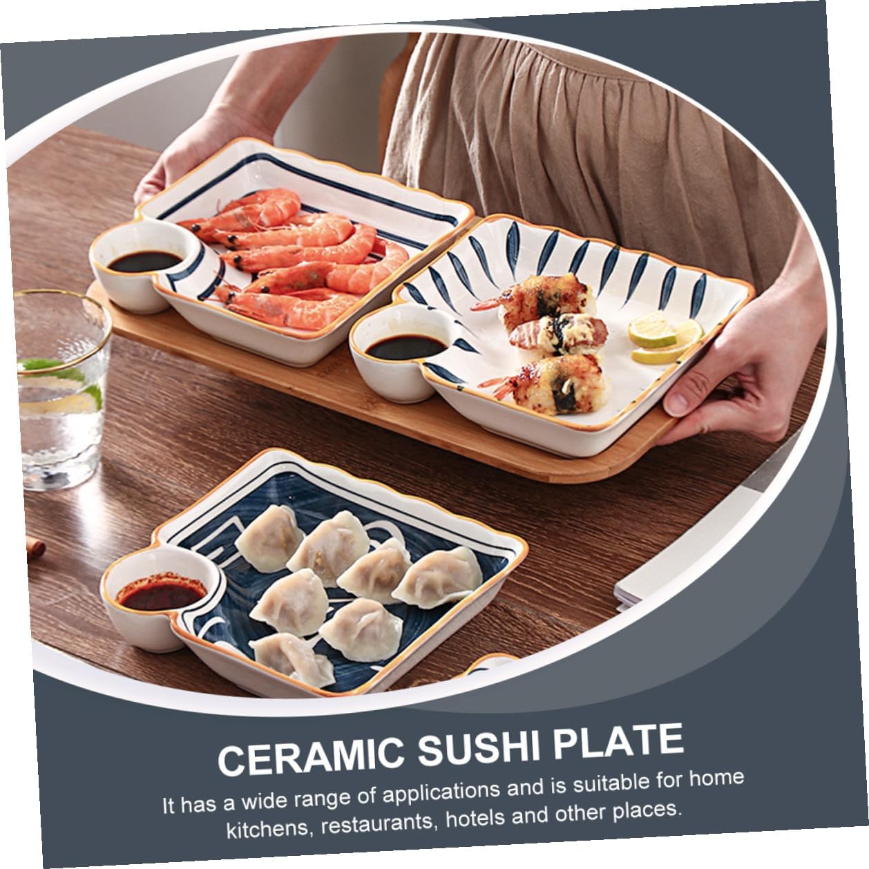 Ceramic Sushi Plate and Square Tray Set, 4pcs Assorted Japanese Style Multi-grid Serving Plates for Dumplings, Dipping Sauces, and French Fries, Home Kitchen Random Color