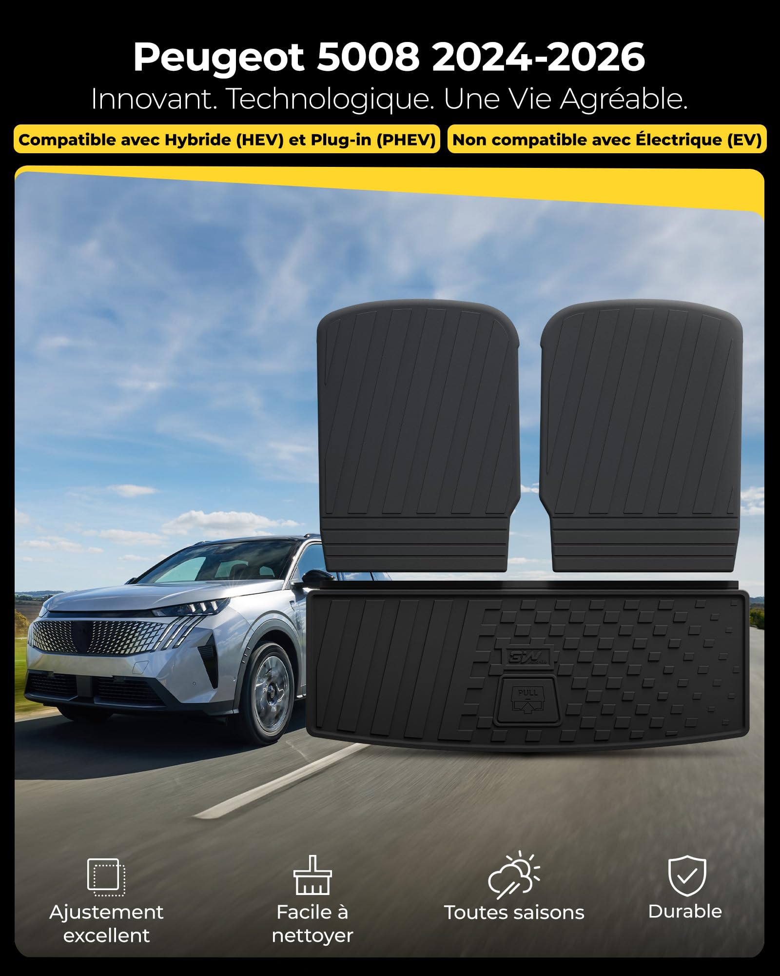 3W Tapis de Coffre et Sièges Arrière pour Peugeot 5008 2024-2026