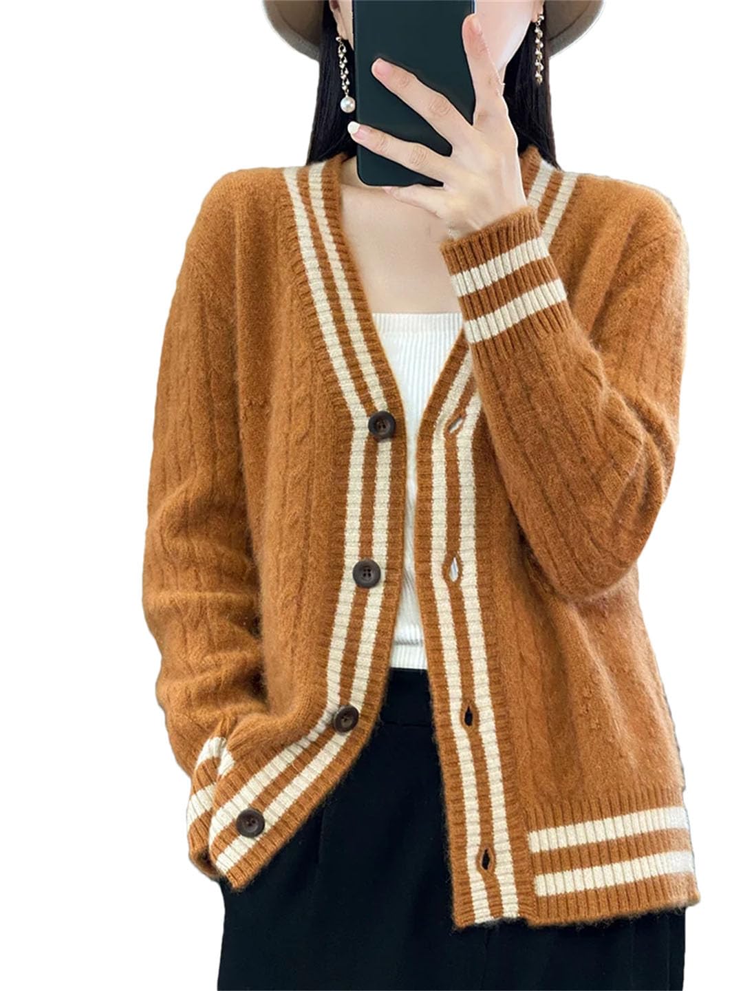 Vogrtcc Damen Woll-Cardigan Strick Langarm Pullover Lose Kaschmir Top