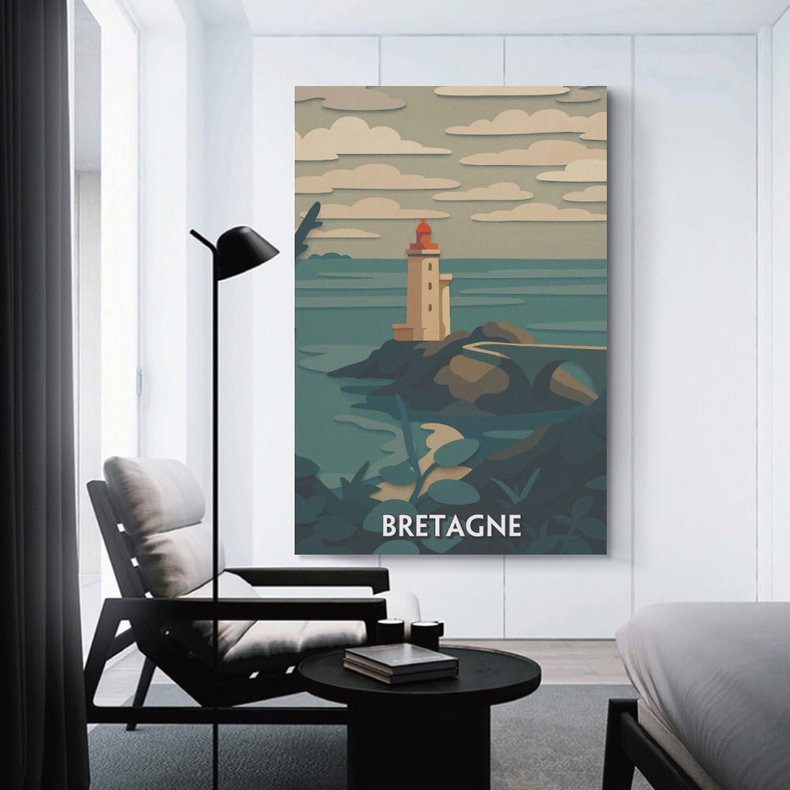 Junmoney Bretagne Lighthouse Coastal Scene Illustration Wall Art Print, 24x36inch(60x90cm), for Study, Office Or Focused Interiors, Home Office Artwork with Decorative Appeal