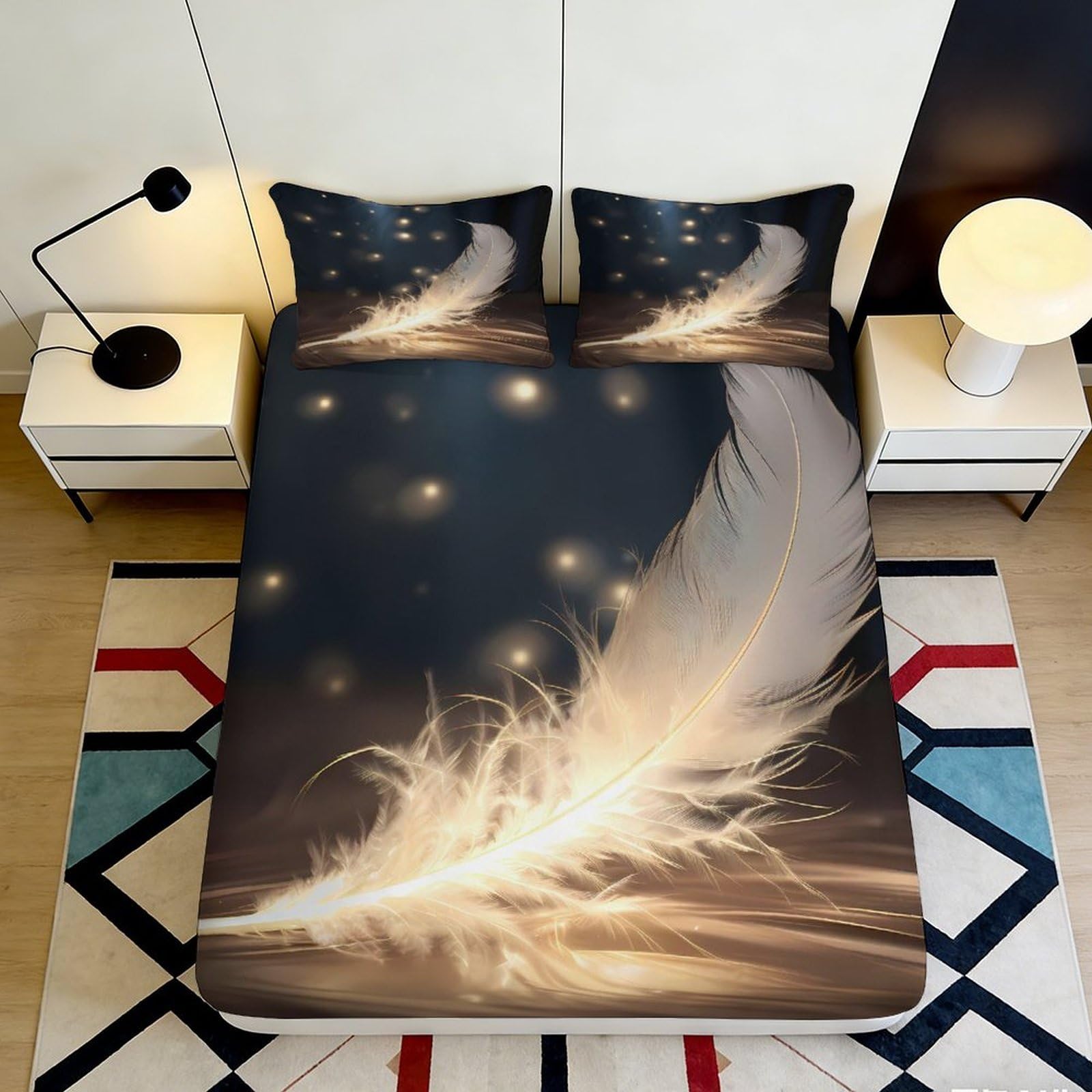 3D Printed Feather Dream Fitted Sheet Microfiber Deep Pocket Elastic Hem Feather Mattress Fitted Cover Washable Bedding Protection 90x200x25cm