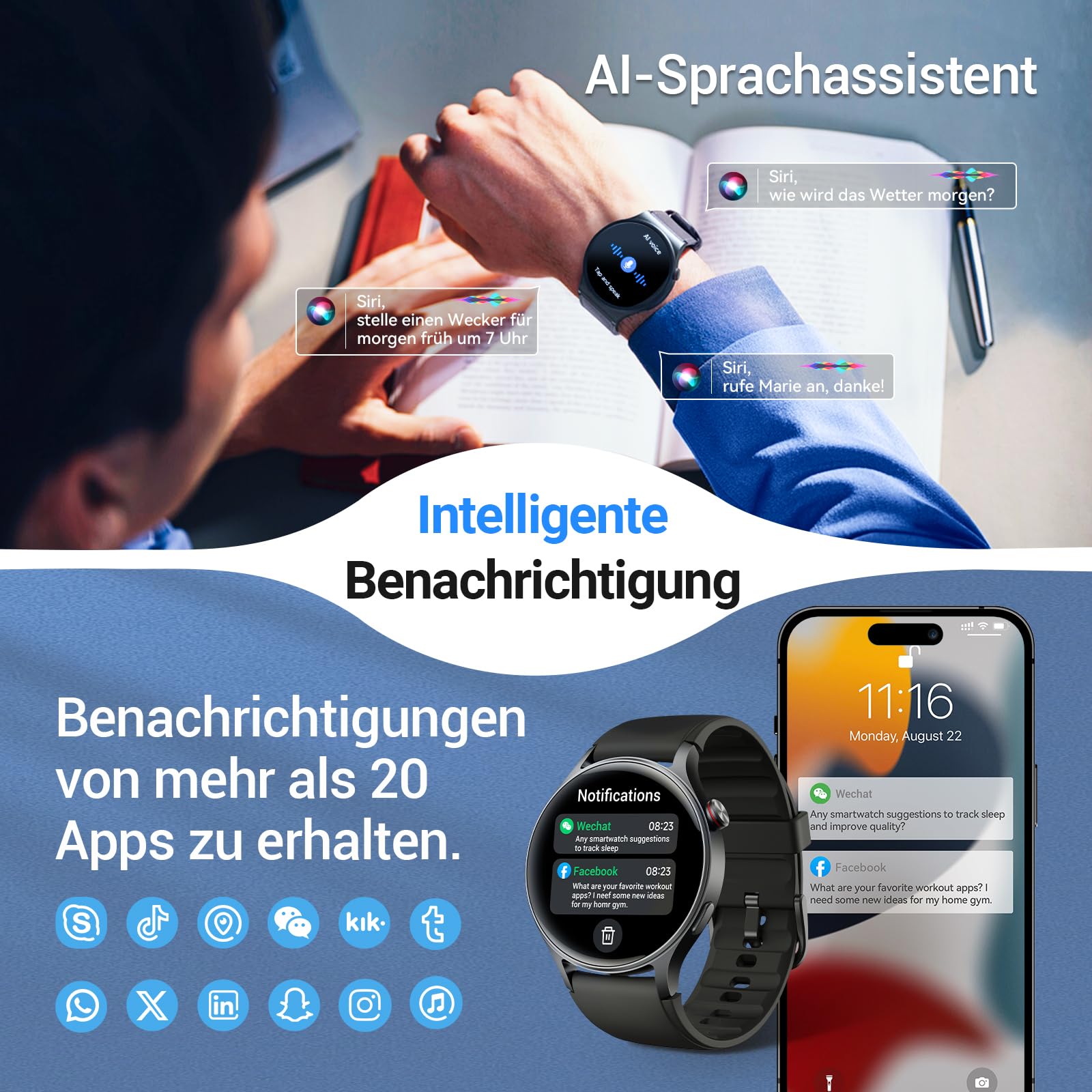 Smartwatch Herren Rund mit Telefonfunktion 1.32" AMOLED Display Fitnessuhr 110+ Sportmodi 3ATM Schrittzähler Pulsmesser SpO2 Schlafmonitor Schwarz