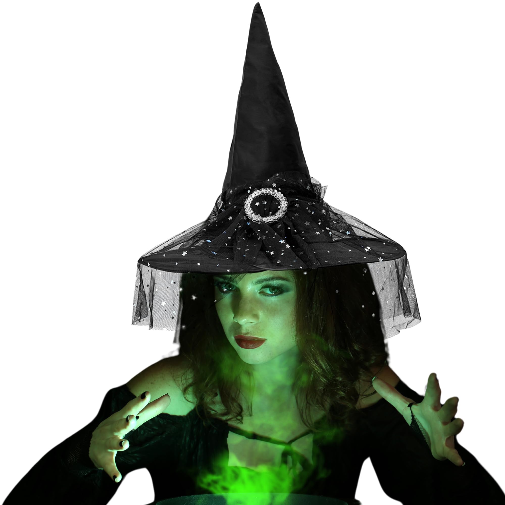 Black Witches Hat with Veil - Black Witch Hat Adult or Kids with Silver Stars and Moon Veil Detail - Halloween Accessories Women and Girls Halloween Costume Accessories