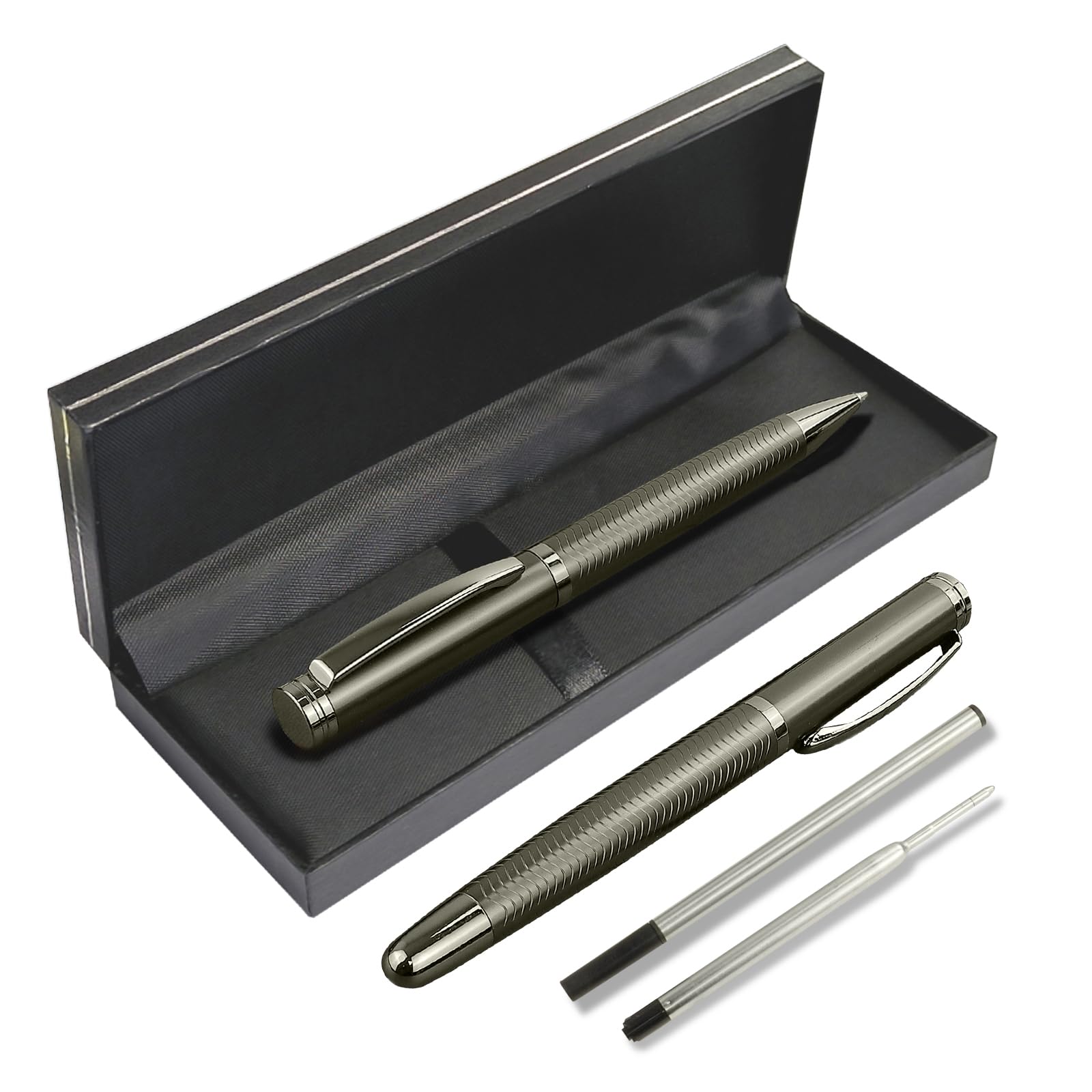 YUNCHUN 2PCS Ballpoint and Rollerball Pen Set, Liquid Black Ink Pen with Extra Refills, Medium Tip Metal Ball Pens