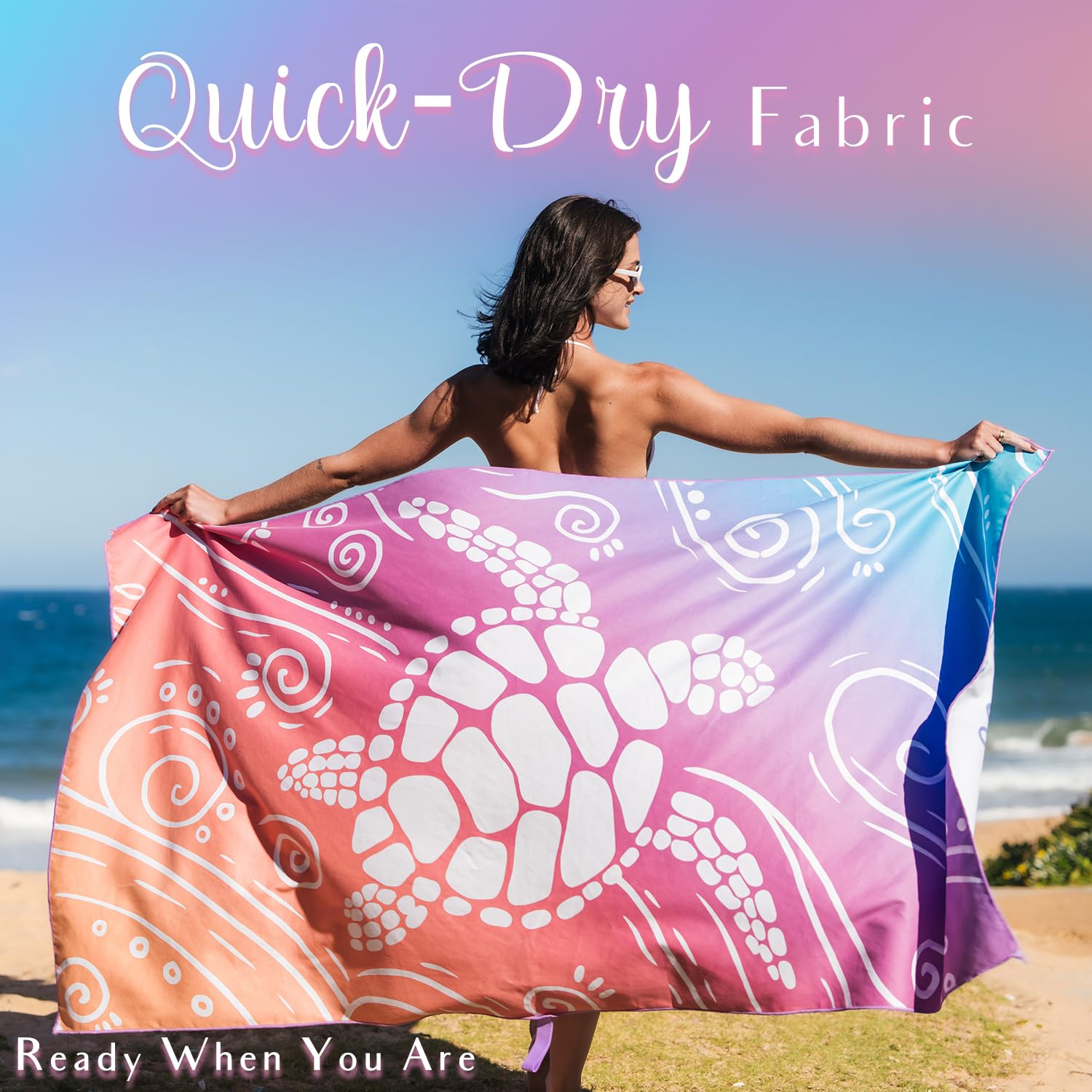WEKAPO Microfiber Beach Towel - Extra Large 71" X 39", Quick-Dry & Sand-Resistant, Gradient Coral Sea Turtle Design